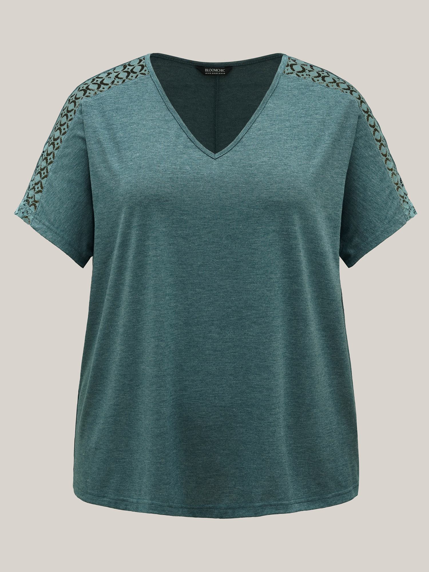 Plus Size Lace Sleeve V-Neck T-Shirt Cyan Women Casual See through V-neck Everyday T-shirts BloomChic 26/4X 
