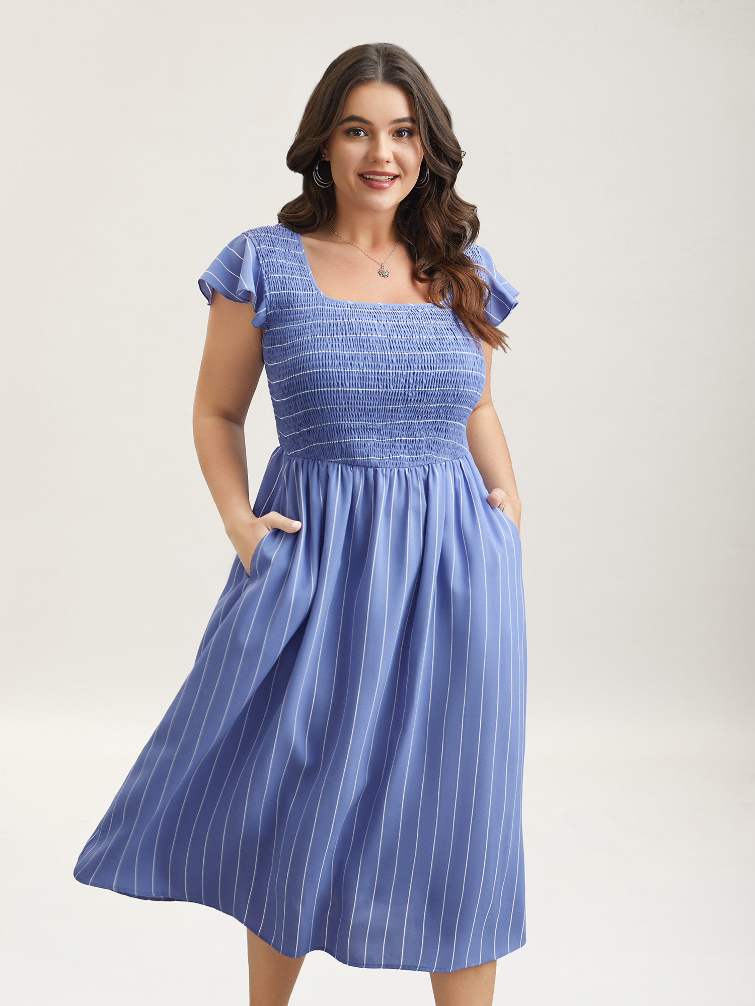Plus Size Striped Shirred Flutter Sleeve Midi Dress Skyblue Women Casual Shirred Square Neck Cap Sleeve Curvy BloomChic 12/L 