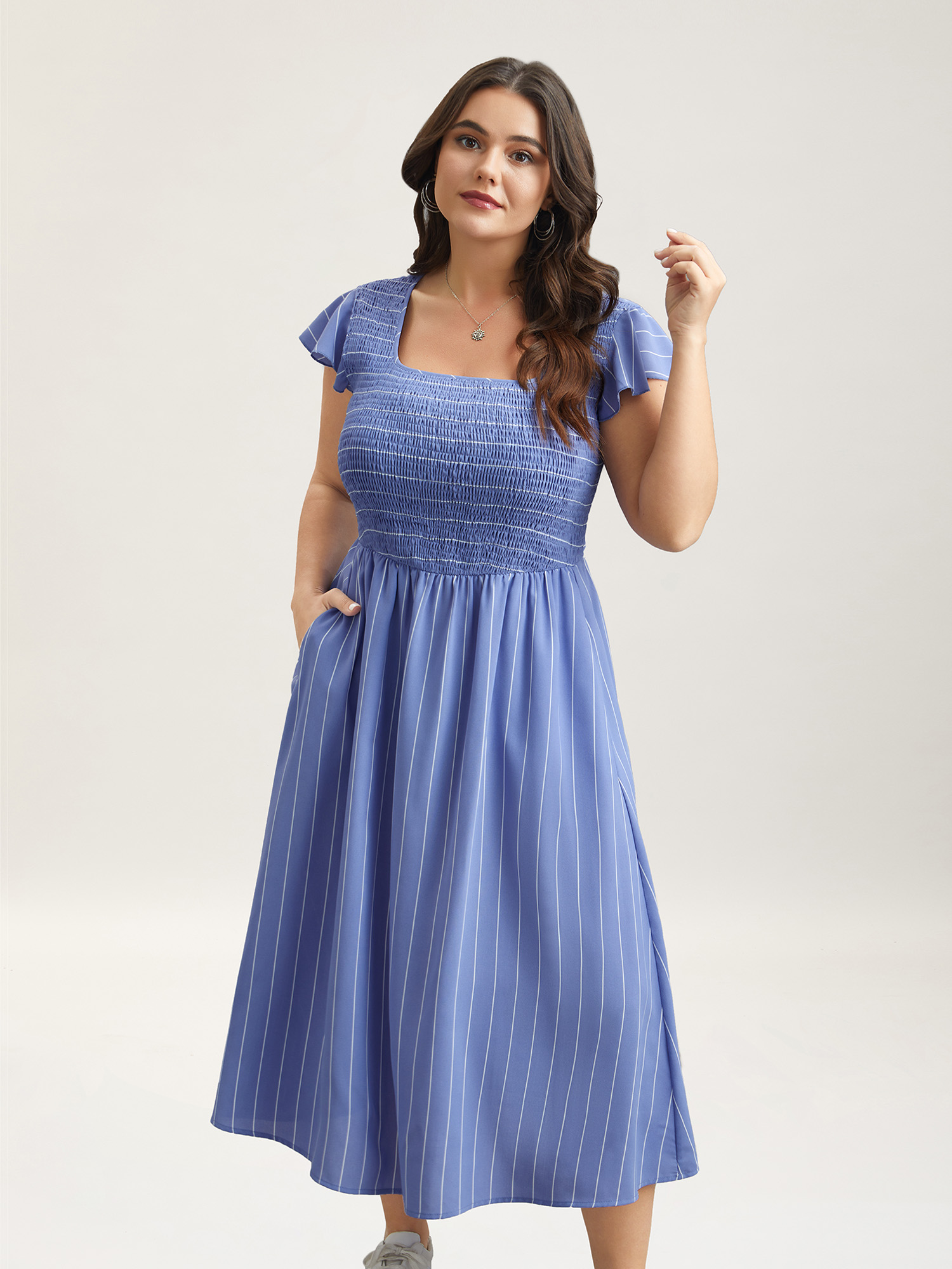 

Plus Size Striped Shirred Flutter Sleeve Midi Dress Skyblue Women Casual Shirred Square Neck Cap Sleeve Curvy BloomChic