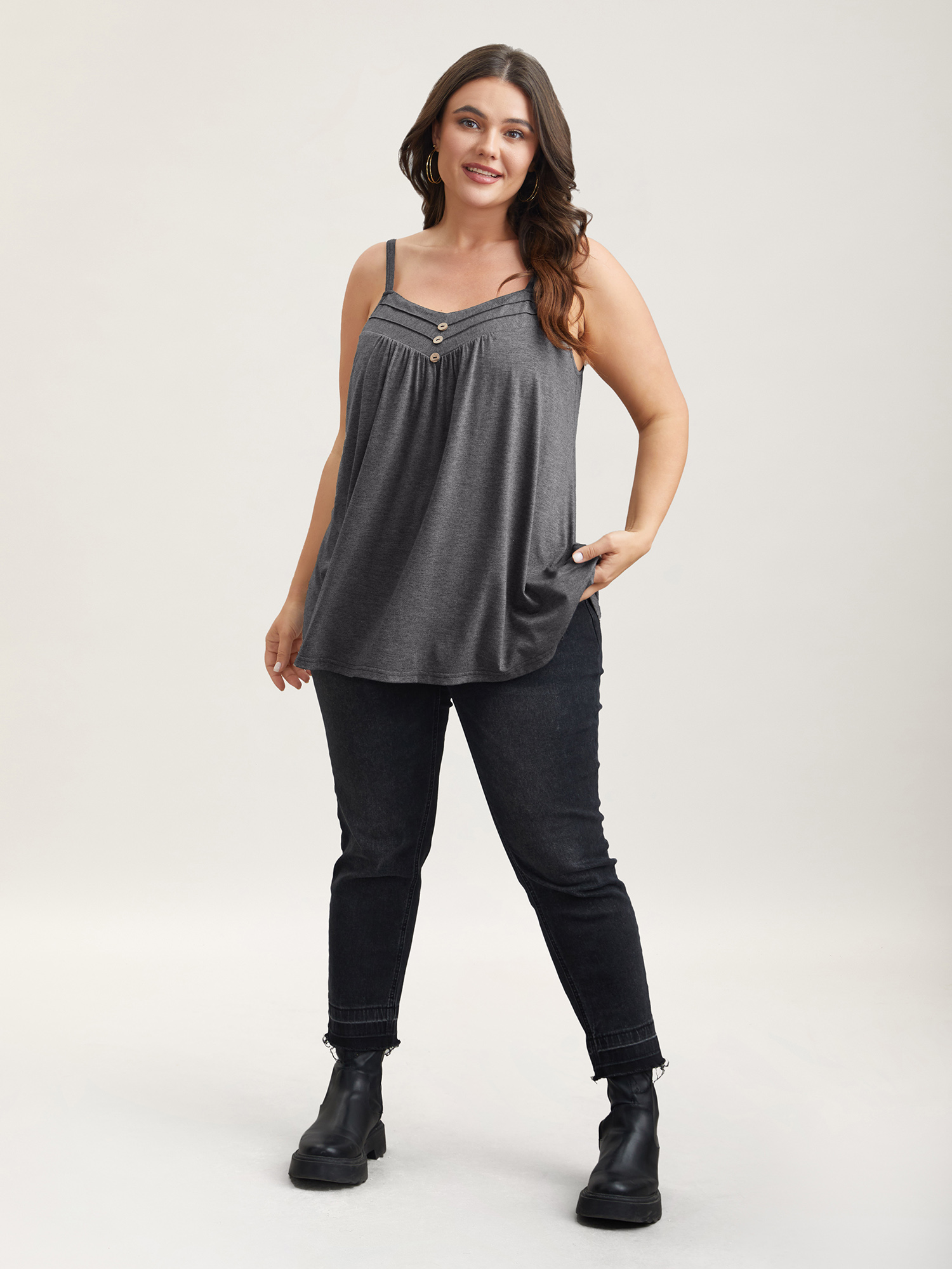 Plus Size Seamed Button Detail Pendulum Vest Women DimGray Casual Tucked seam Non Everyday Tank Tops Camis BloomChic 10/M 