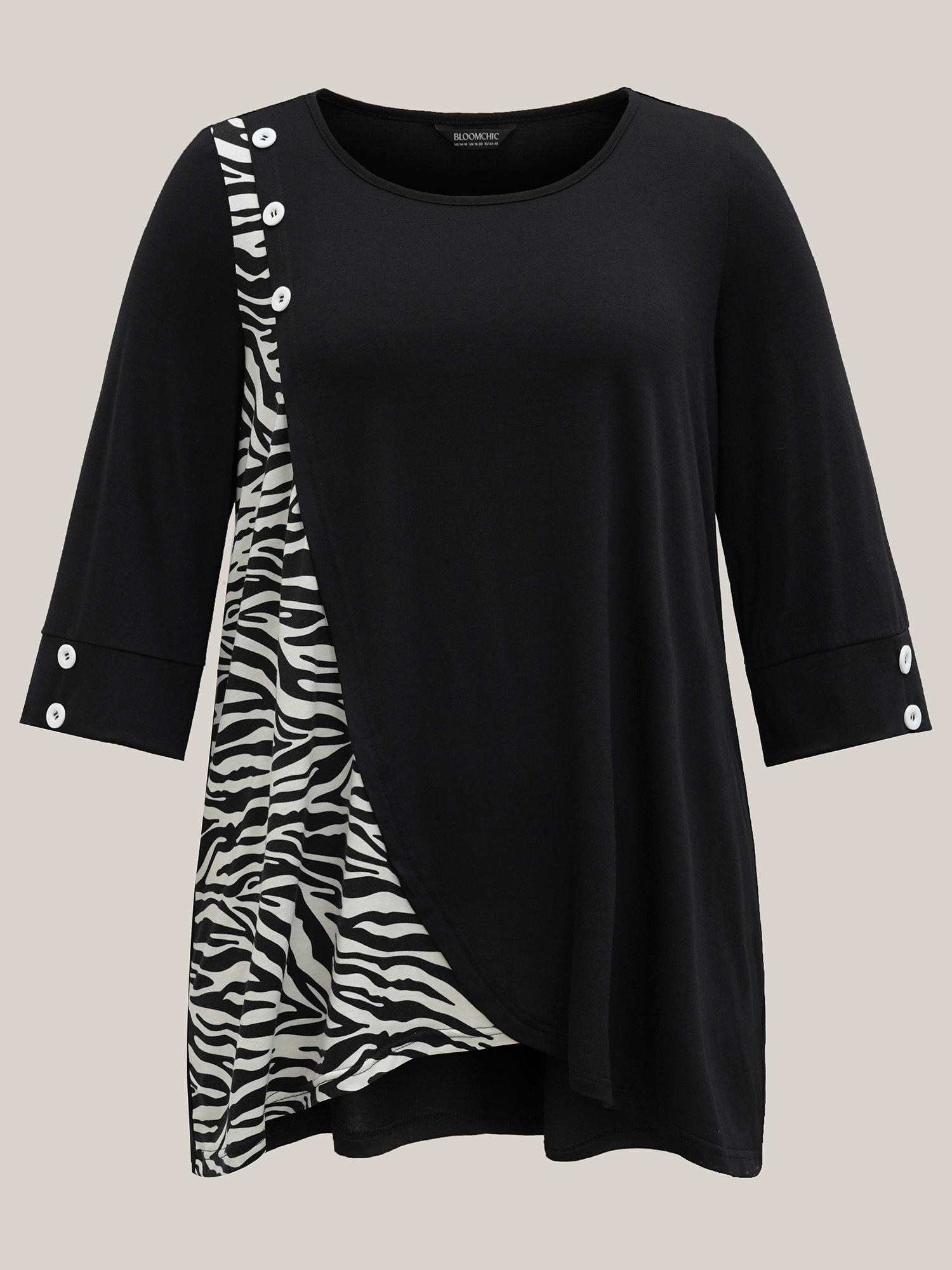 Plus Size Zebra Print Panel Round Neck T-Shirt Black Women Casual Contrast Round Neck Loose Everyday T-shirts BloomChic 22-24/3X 