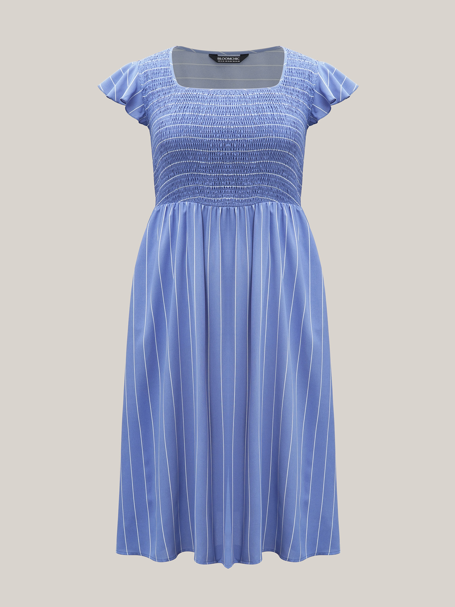 Plus Size Striped Shirred Flutter Sleeve Midi Dress Skyblue Women Casual Shirred Square Neck Cap Sleeve Curvy BloomChic 12/L 