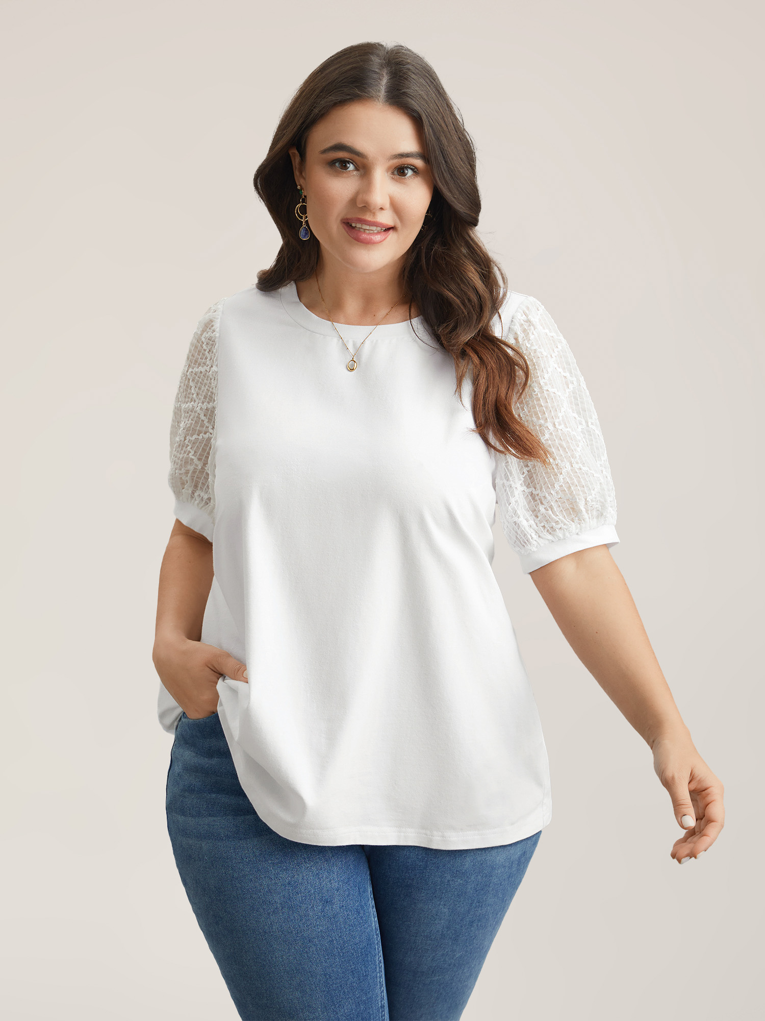 

Plus Size Textured Bubble Lantern Sleeve T-Shirt Originalwhite Women Elegant Texture Round Neck Everyday T-shirts BloomChic