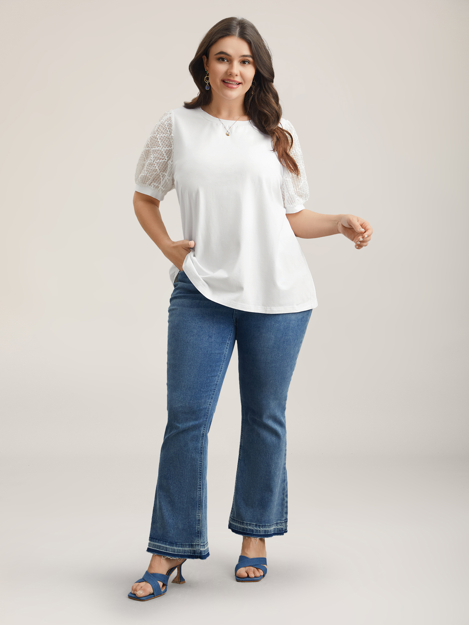 

Plus Size Textured Bubble Lantern Sleeve T-Shirt Originalwhite Women Elegant Texture Round Neck Everyday T-shirts BloomChic