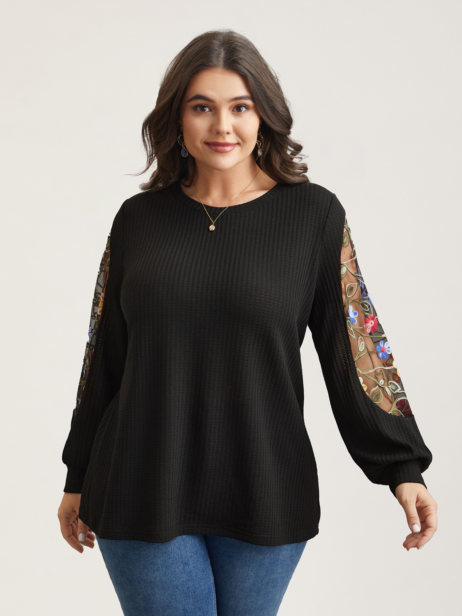 

Plus Size Sheer Floral Sleeve Stretchy Knit Top Black Round Neck Extra Long Sleeve Elegant Jersey Tops