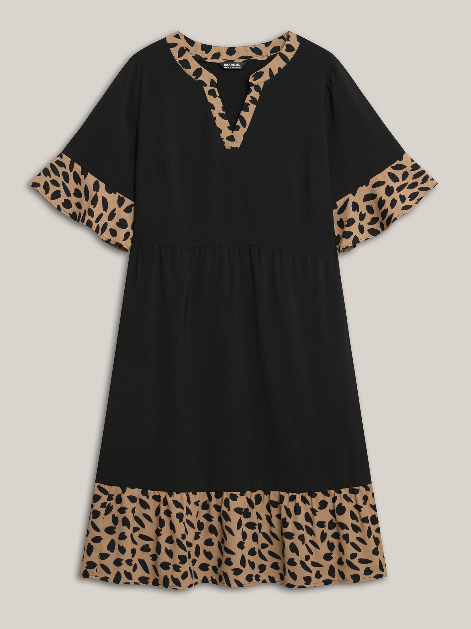 

Plus Size Leopard Print Spliced Tiered Midi Dress Black Women Casual Patchwork Flat collar Half Sleeve Curvy BloomChic