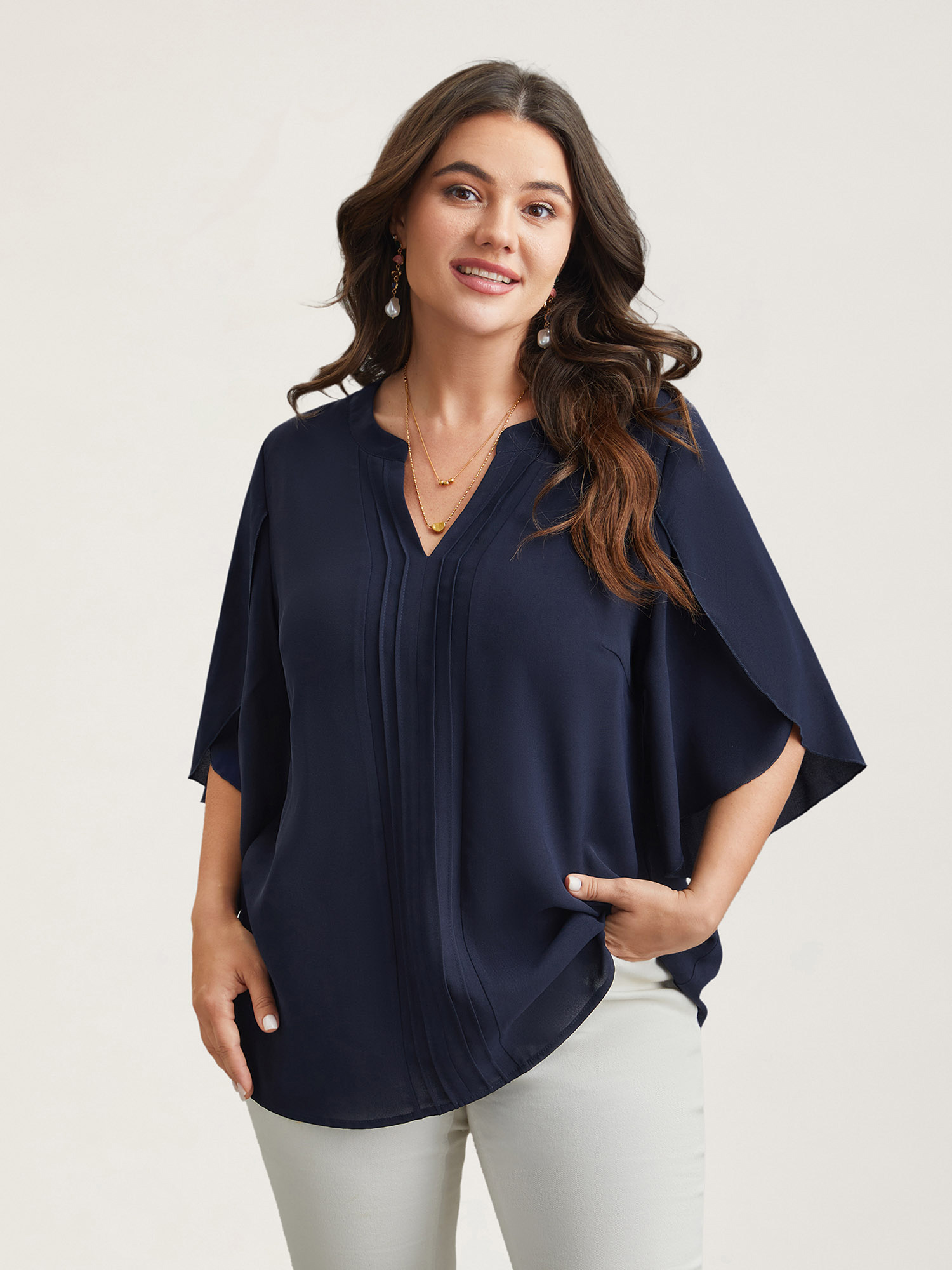 

Plus Size Indigo Petal Sleeve Toothpick Pleats Shirt Women At the Office Elbow-length sleeve Notched collar Work Blouses BloomChic