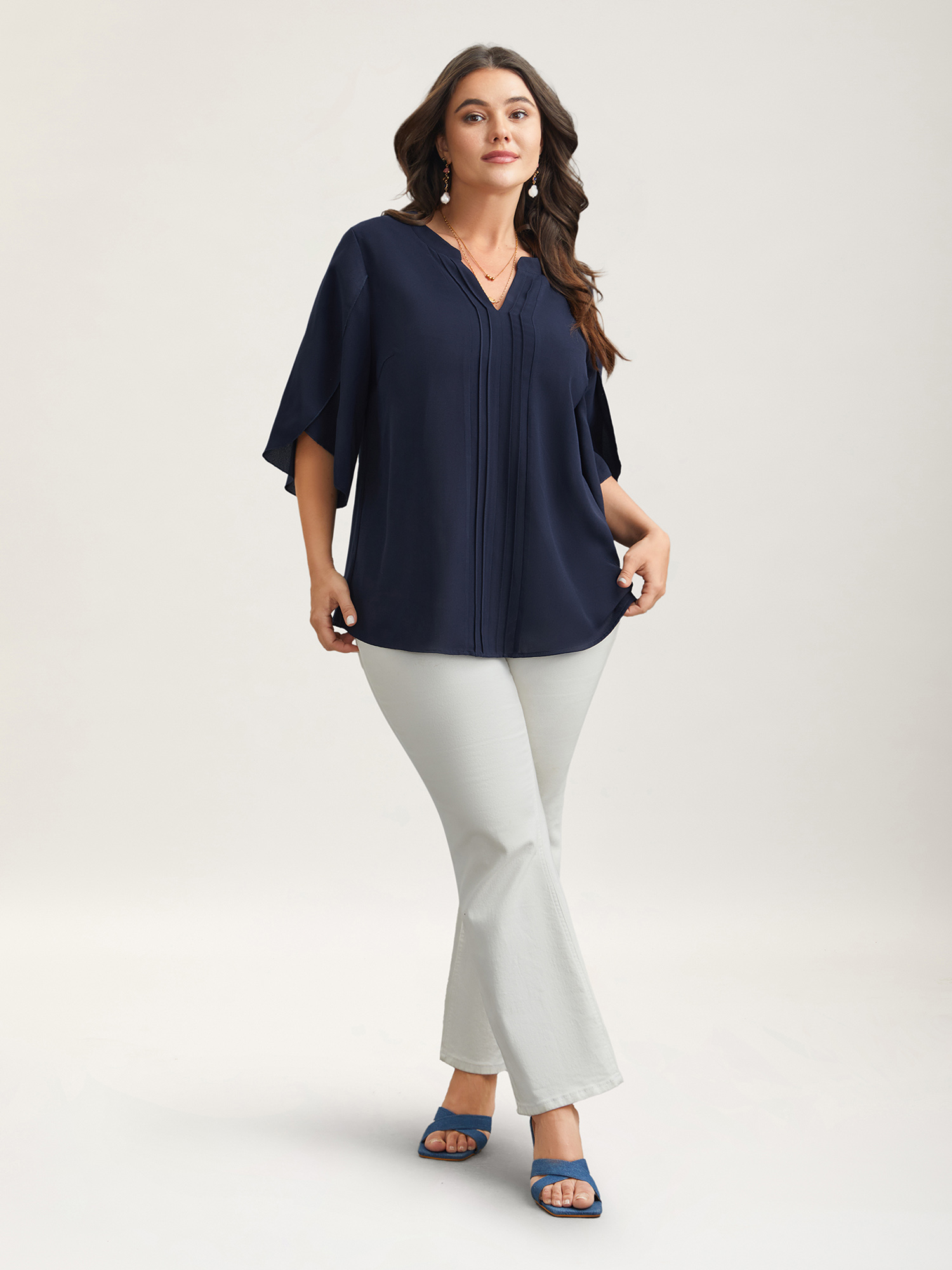 Plus Size Indigo Petal Sleeve Toothpick Pleats Shirt Women At the Office Elbow-length sleeve Notched collar Work Blouses BloomChic 12/L 