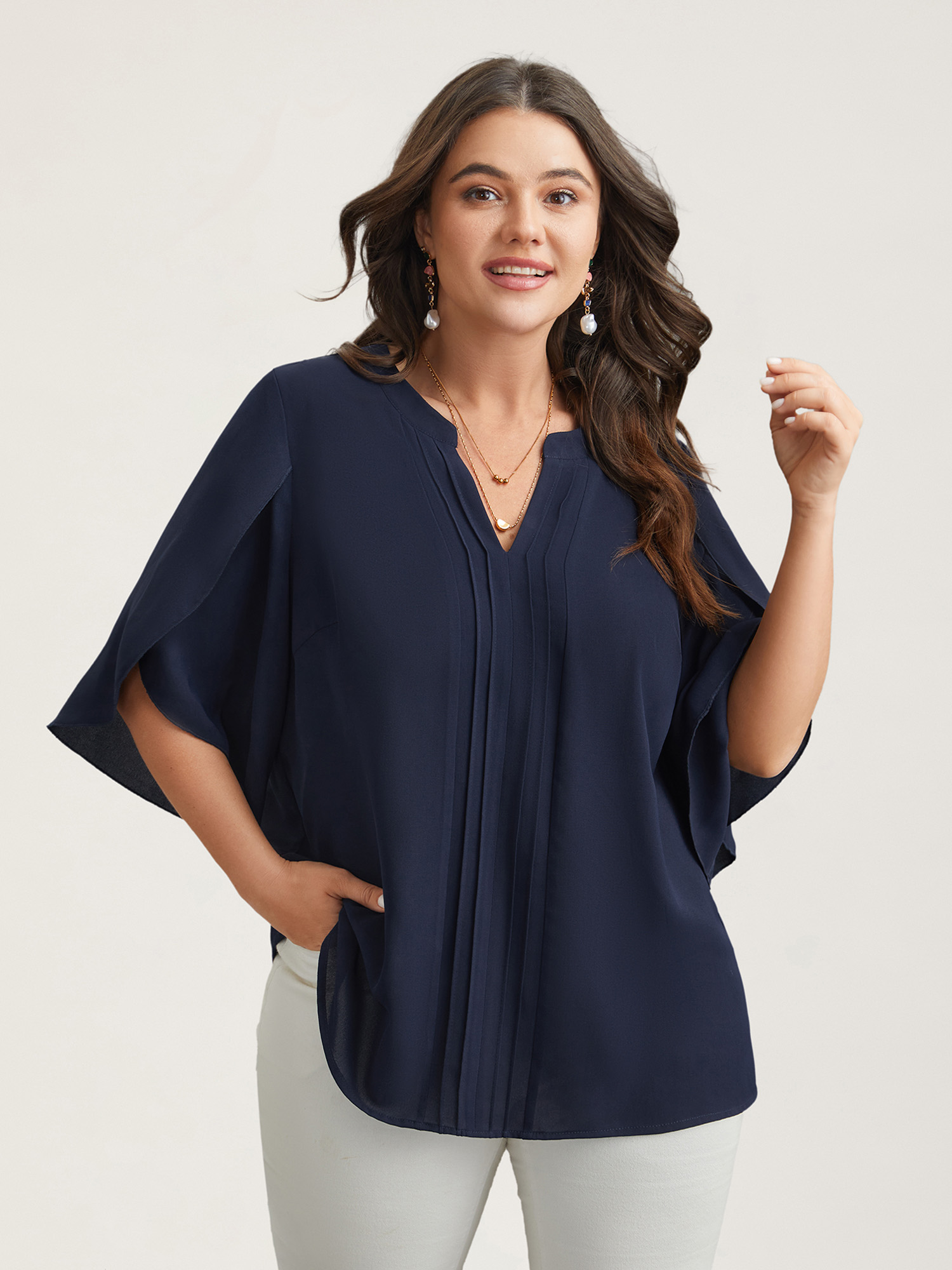 Plus Size Indigo Petal Sleeve Toothpick Pleats Shirt Women At the Office Elbow-length sleeve Notched collar Work Blouses BloomChic 12/L 