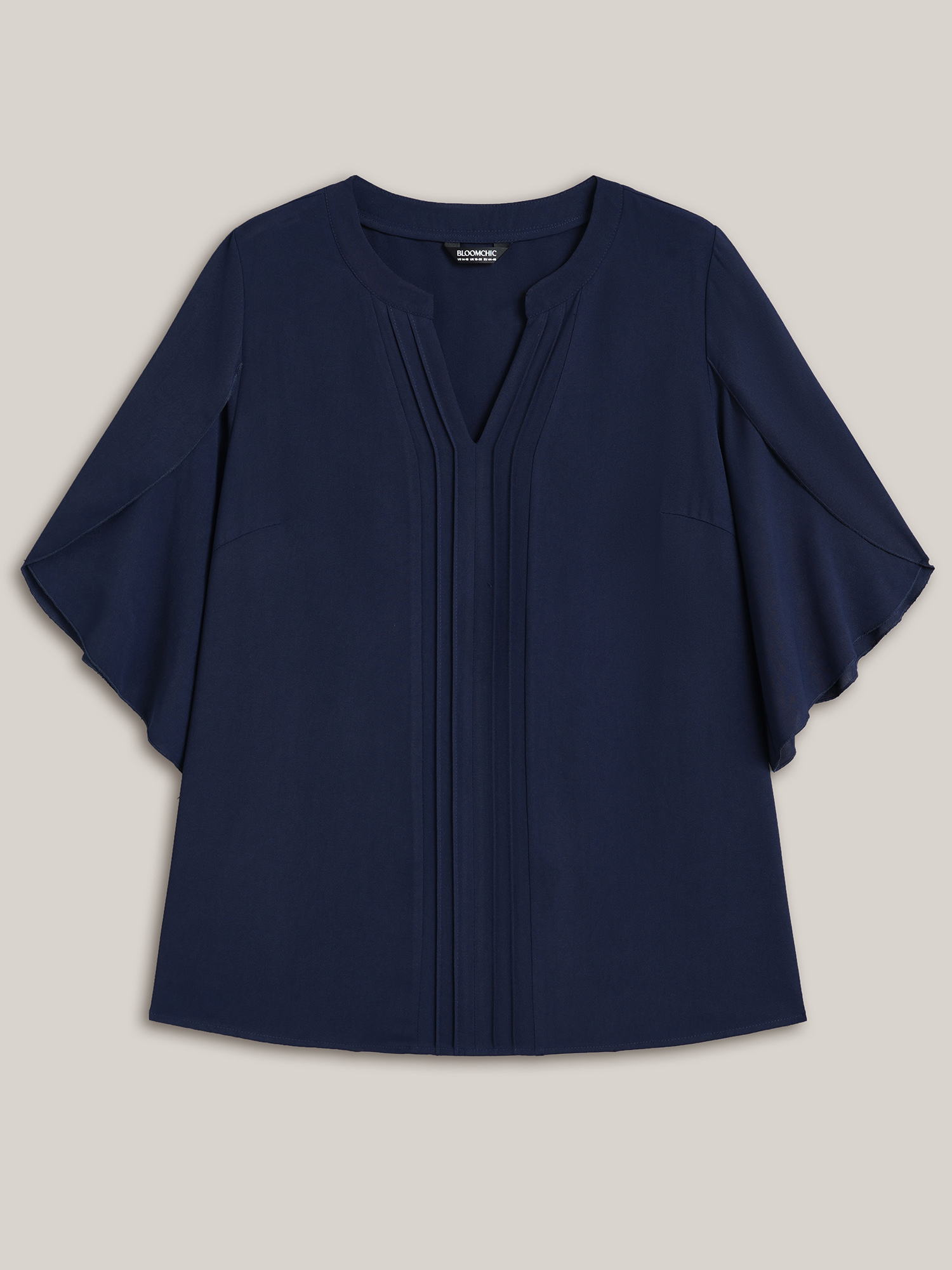 

Plus Size Indigo Petal Sleeve Toothpick Pleats Shirt Women At the Office Elbow-length sleeve Notched collar Work Blouses BloomChic