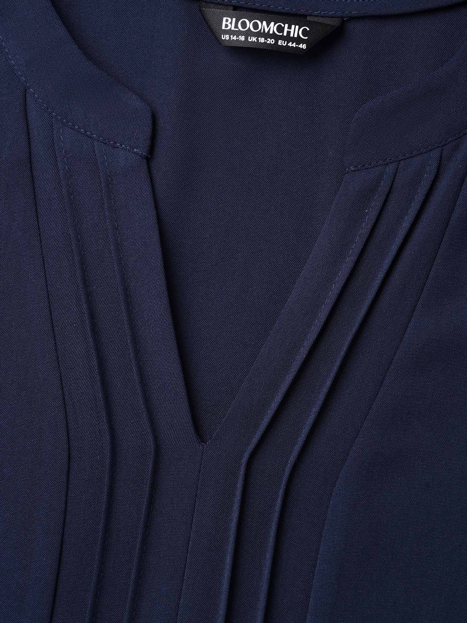 Plus Size Indigo Petal Sleeve Toothpick Pleats Shirt Women At the Office Elbow-length sleeve Notched collar Work Blouses BloomChic 12/L 