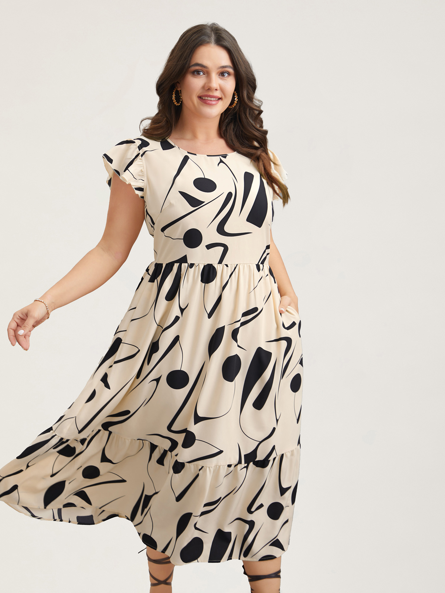 

Plus Size Geometric Print Flutter Sleeve Tiered Midi Dress Apricot Women Elegant Ruffles Round Neck Cap Sleeve Curvy BloomChic