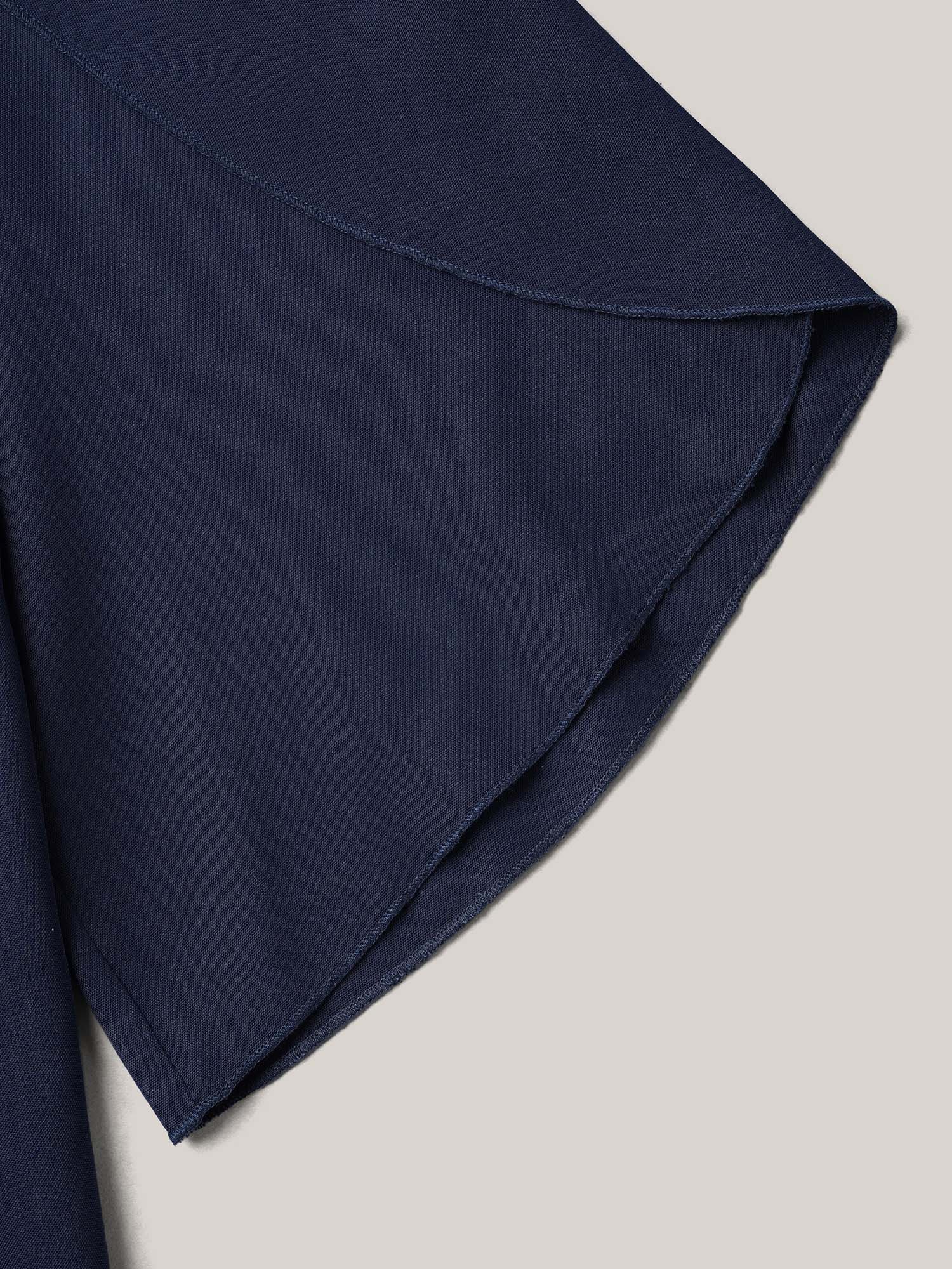 Plus Size Indigo Petal Sleeve Toothpick Pleats Shirt Women At the Office Elbow-length sleeve Notched collar Work Blouses BloomChic 12/L 