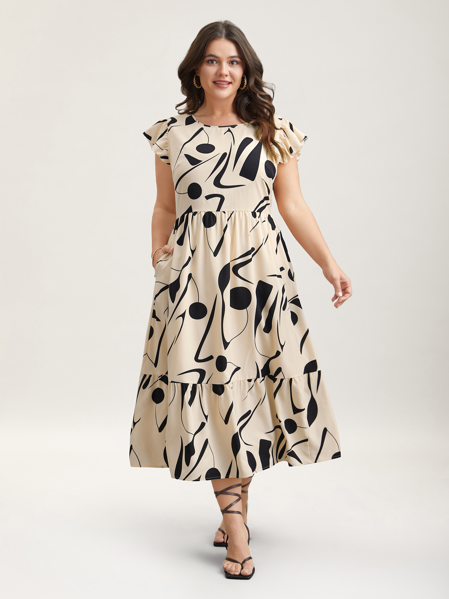 Plus Size Geometric Print Flutter Sleeve Tiered Midi Dress Apricot Women Elegant Ruffles Round Neck Cap Sleeve Curvy BloomChic 26/4X 