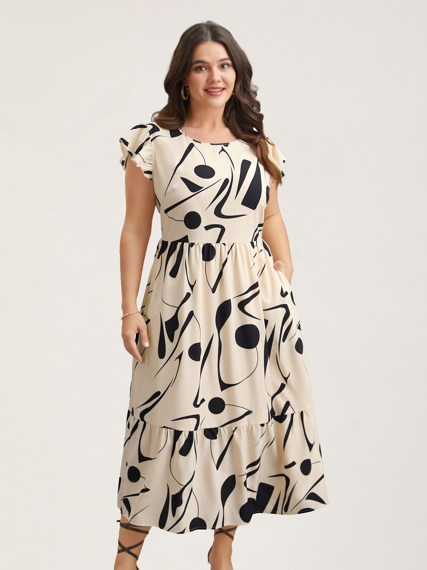 Plus Size Geometric Print Flutter Sleeve Tiered Midi Dress Apricot Women Elegant Ruffles Round Neck Cap Sleeve Curvy BloomChic 26/4X 