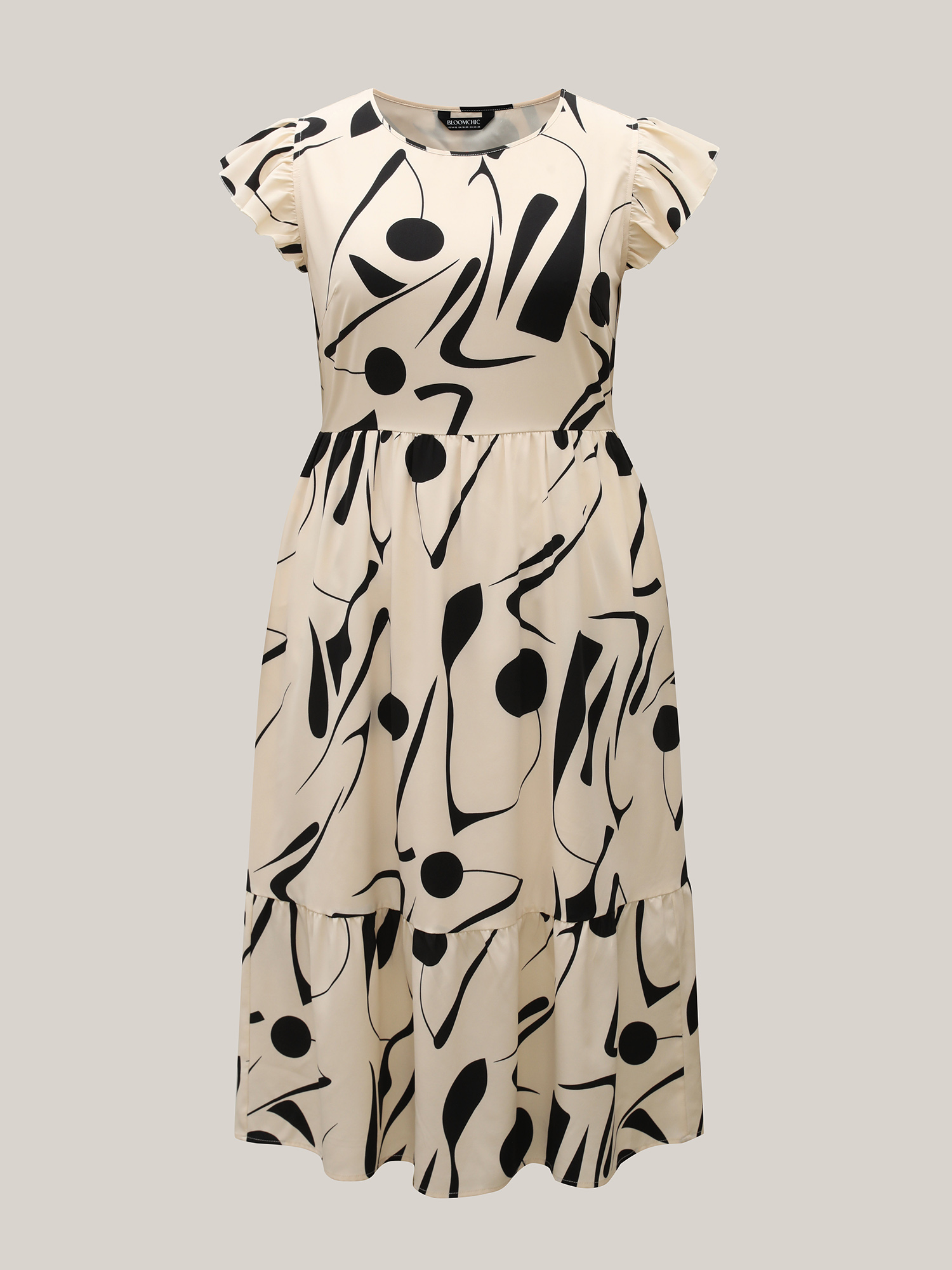 Plus Size Geometric Print Flutter Sleeve Tiered Midi Dress Apricot Women Elegant Ruffles Round Neck Cap Sleeve Curvy BloomChic 26/4X 