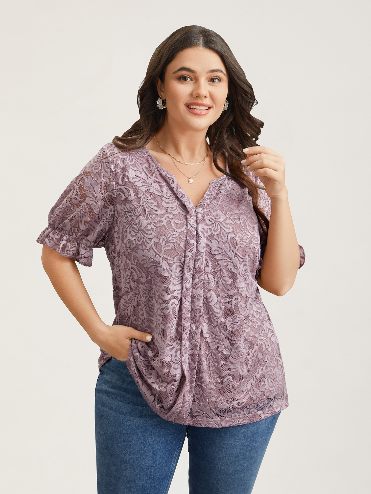 

Plus Size Heather Lace Ruffled Puff Sleeve Shirt Women Elegant Short sleeve Notched collar Everyday Blouses BloomChic