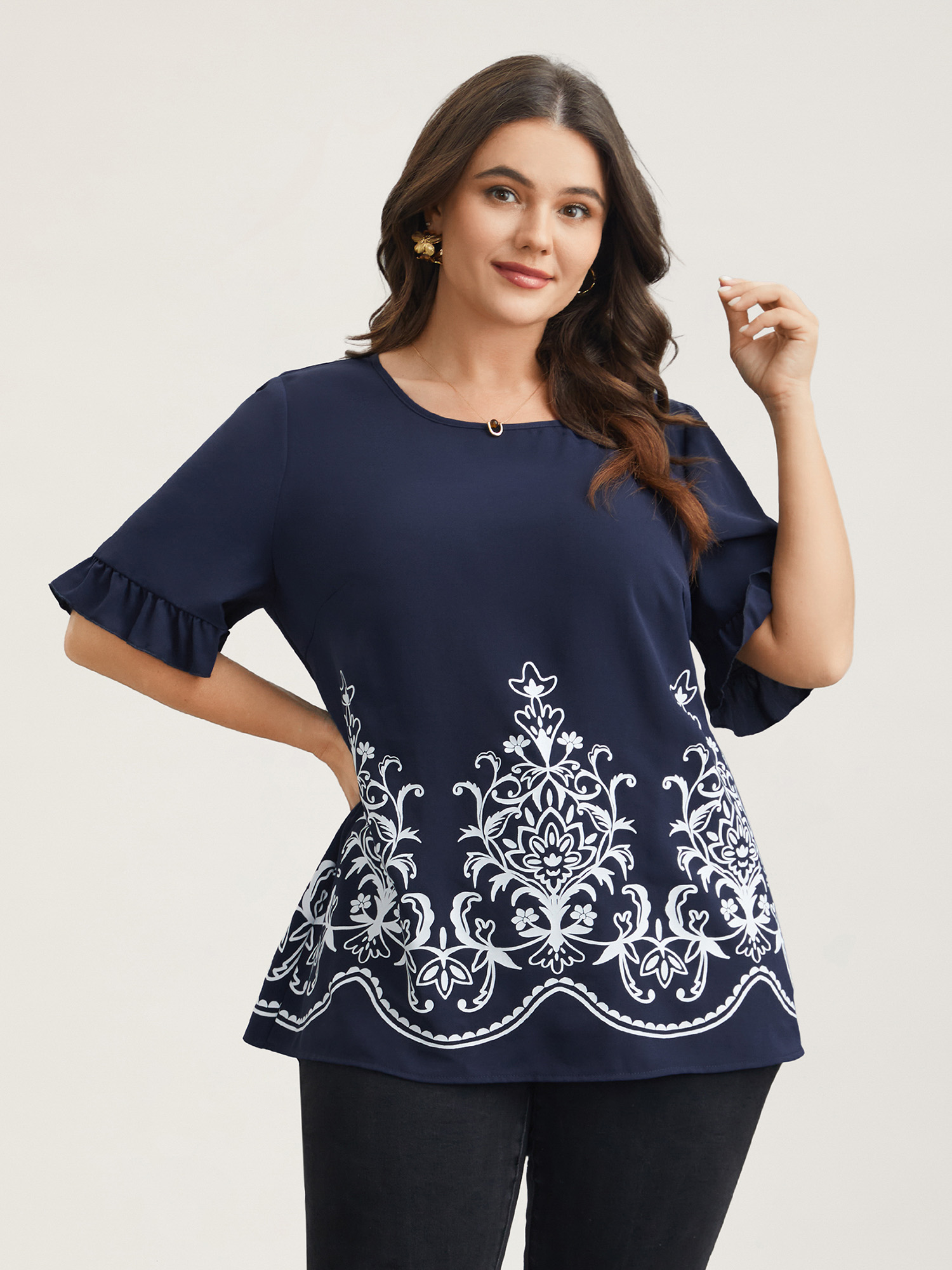 

Plus Size Indigo Floral Print Round Neck Ruffled Sleeve Shirt Women Elegant Short sleeve Round Neck Everyday Blouses BloomChic