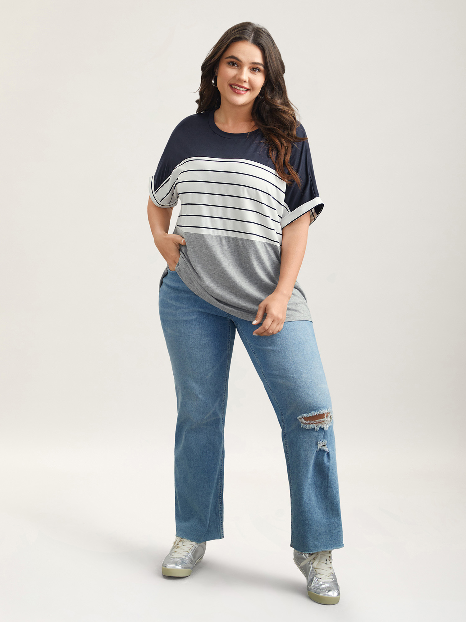Plus Size Color-Block Stretchy Stripes T-Shirt DarkBlue Women Casual Contrast Round Neck Everyday T-shirts BloomChic 10/M 
