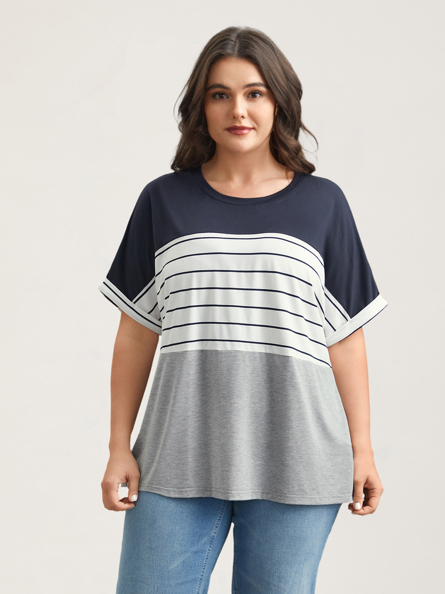Plus Size Color-Block Stretchy Stripes T-Shirt DarkBlue Women Casual Contrast Round Neck Everyday T-shirts BloomChic 10/M 
