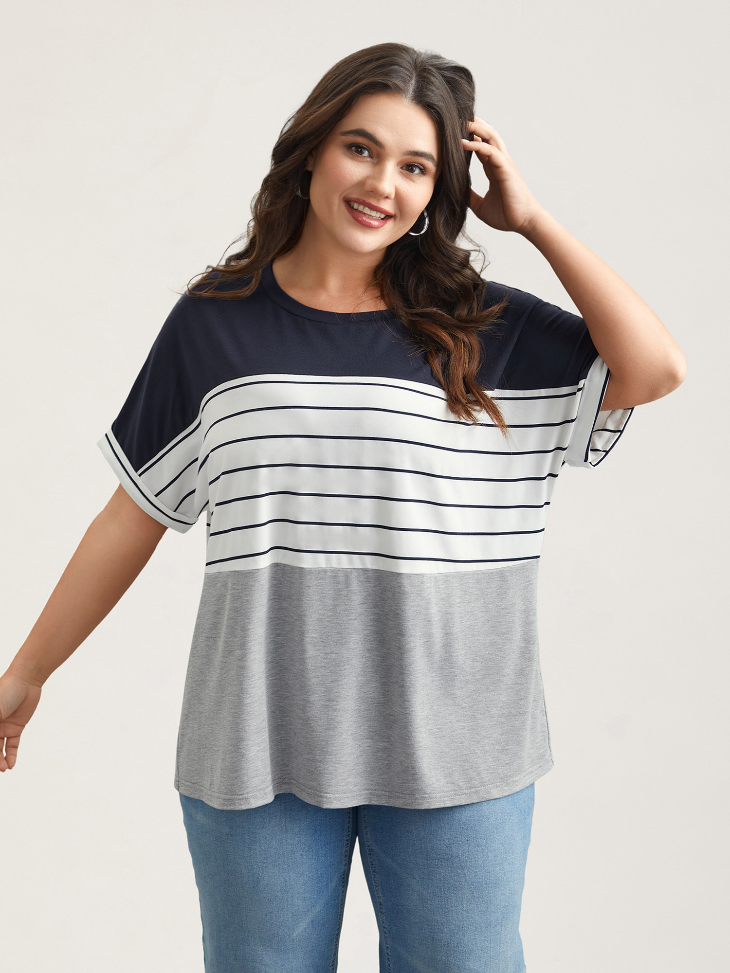 Plus Size Color-Block Stretchy Stripes T-Shirt DarkBlue Women Casual Contrast Round Neck Everyday T-shirts BloomChic 10/M 