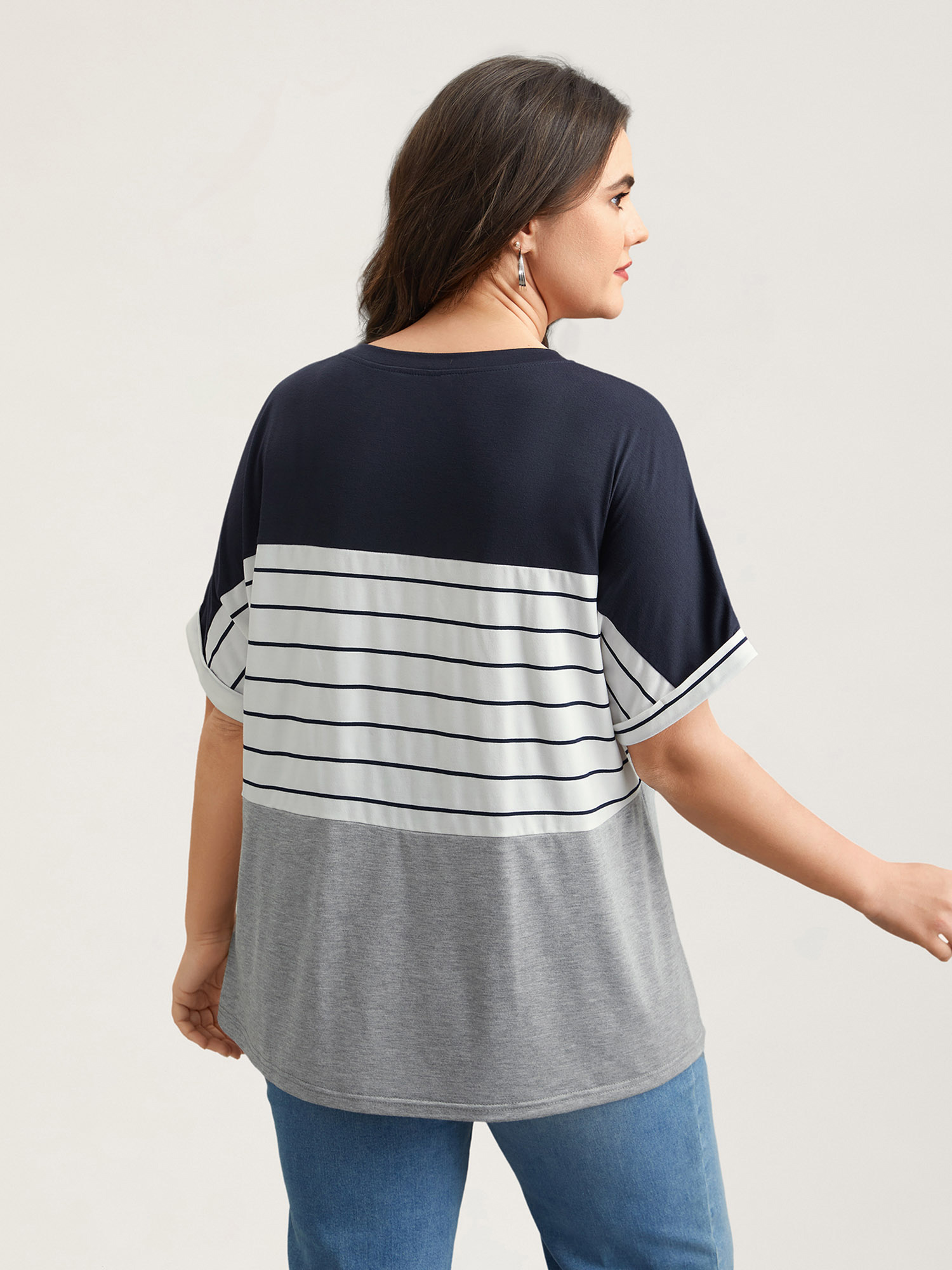 Plus Size Color-Block Stretchy Stripes T-Shirt DarkBlue Women Casual Contrast Round Neck Everyday T-shirts BloomChic 10/M 