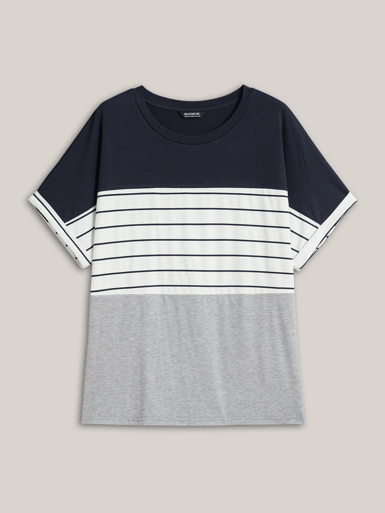 Plus Size Color-Block Stretchy Stripes T-Shirt DarkBlue Women Casual Contrast Round Neck Everyday T-shirts BloomChic 10/M 