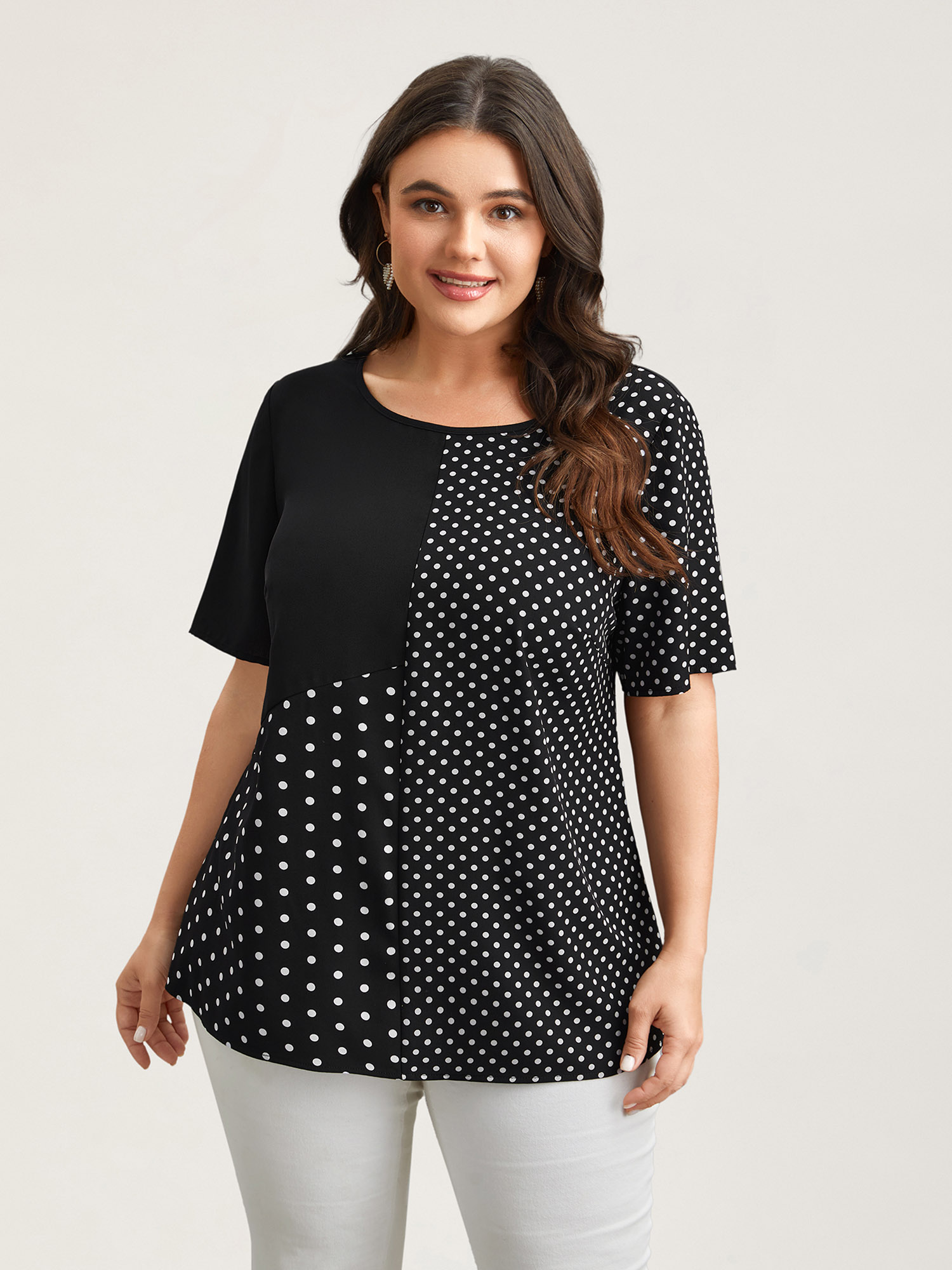 

Plus Size Black Polka Dot Panelled A-Line Shirt Women Elegant Short sleeve Round Neck Everyday Blouses BloomChic