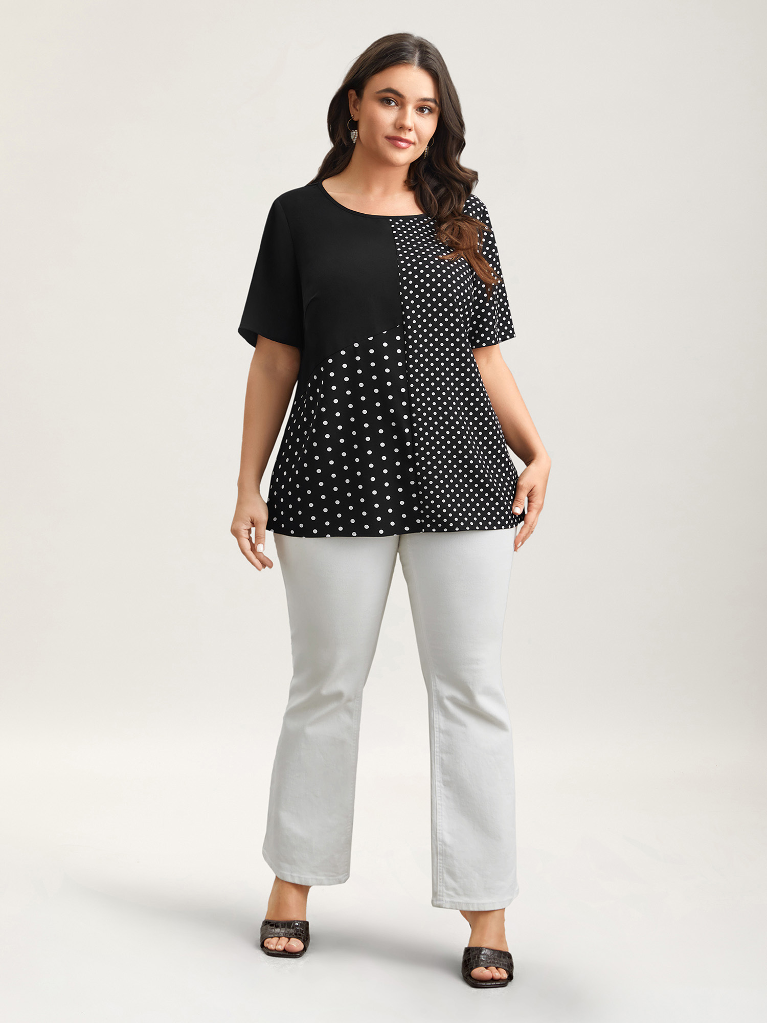 Plus Size Black Polka Dot Panelled A-Line Shirt Women Elegant Short sleeve Round Neck Everyday Blouses BloomChic 26/4X 