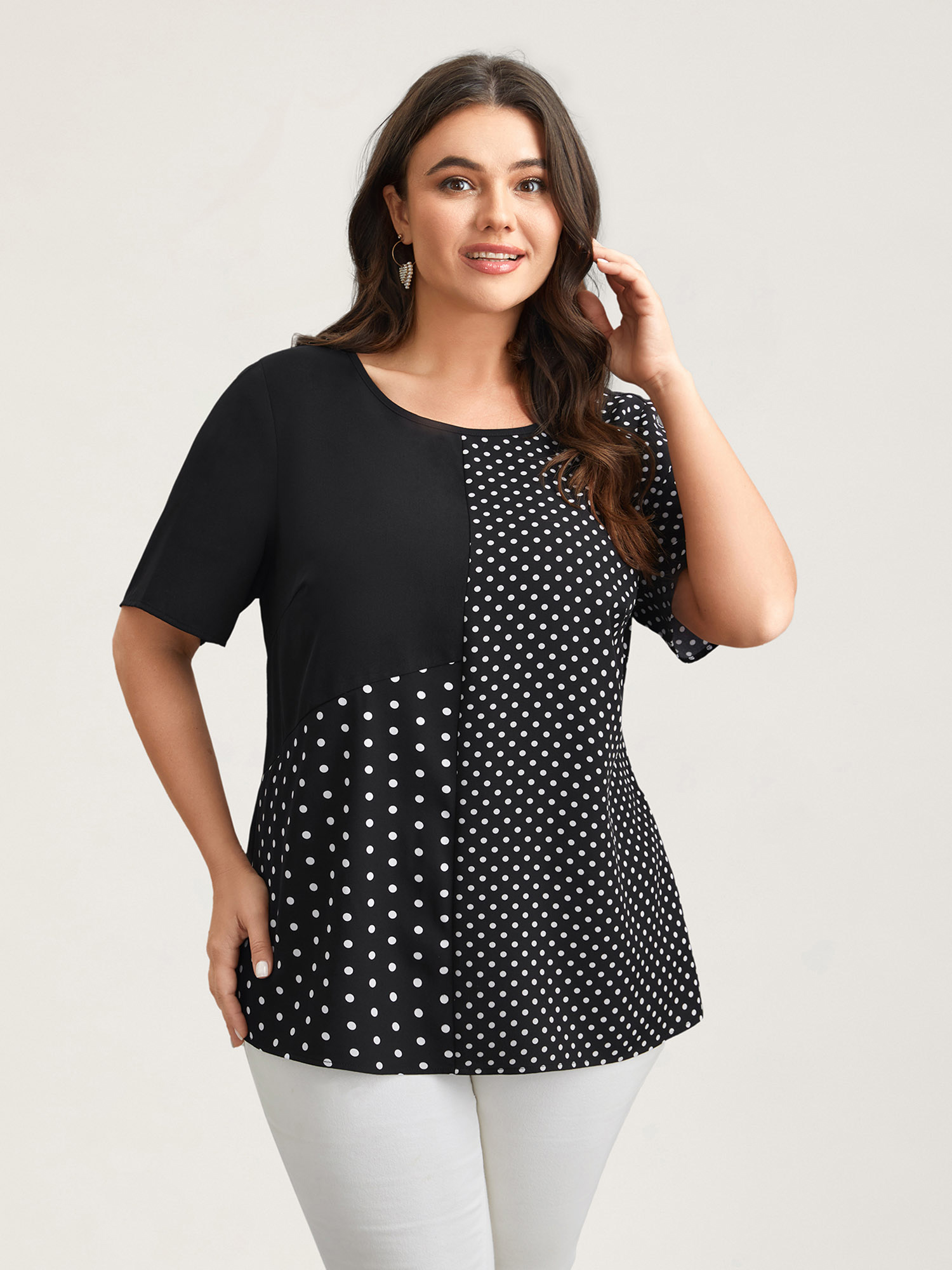 Plus Size Black Polka Dot Panelled A-Line Shirt Women Elegant Short sleeve Round Neck Everyday Blouses BloomChic 26/4X 