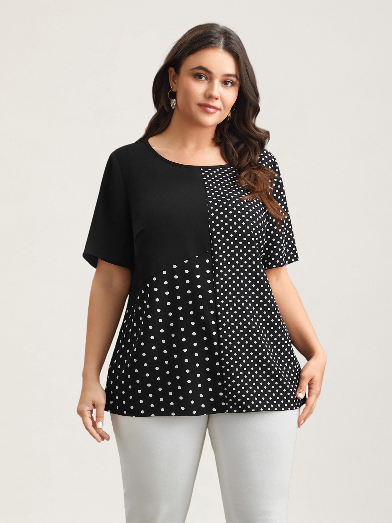 

Plus Size Black Polka Dot Panelled A-Line Shirt Women Elegant Short sleeve Round Neck Everyday Blouses BloomChic