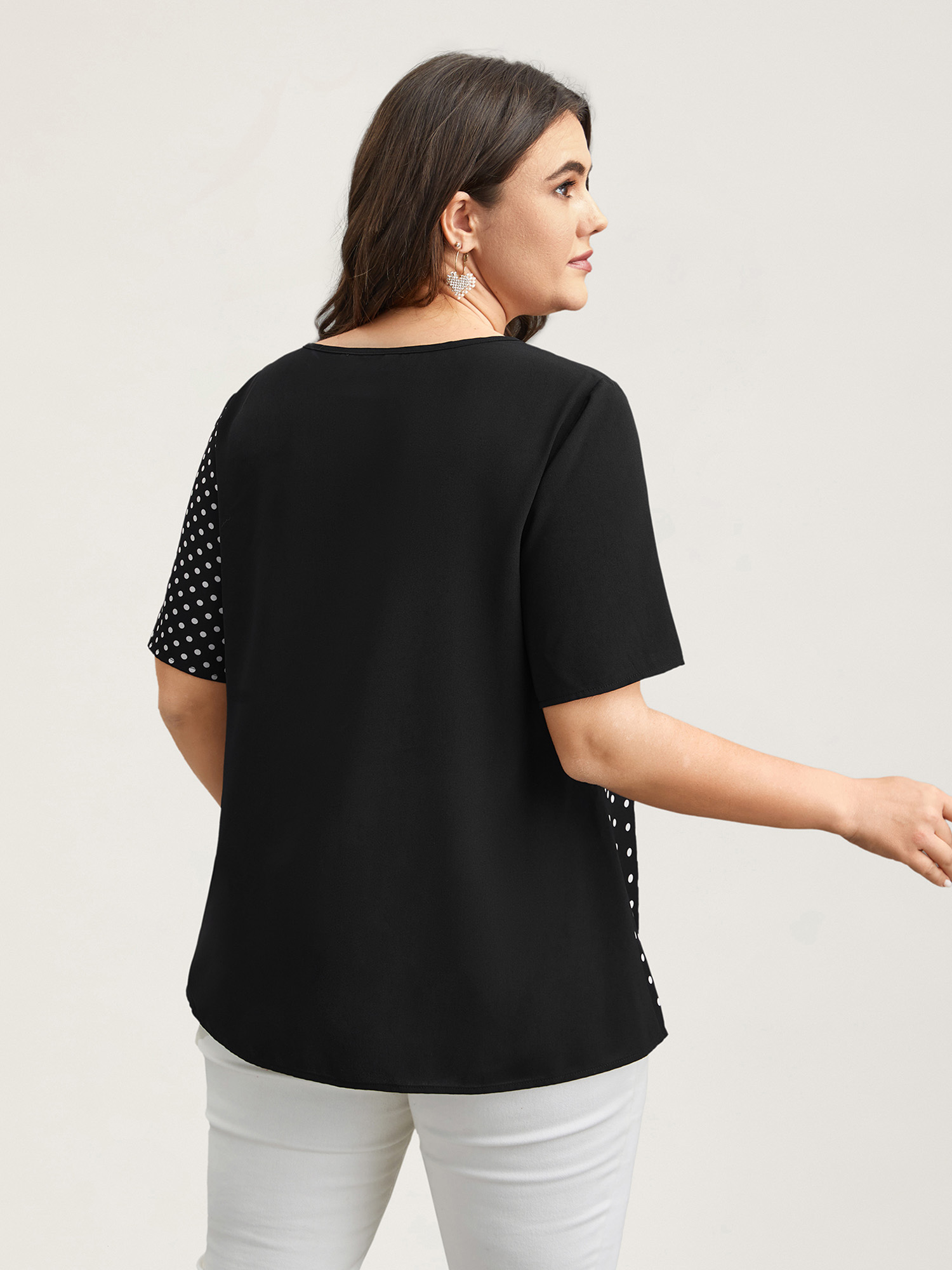 Plus Size Black Polka Dot Panelled A-Line Shirt Women Elegant Short sleeve Round Neck Everyday Blouses BloomChic 26/4X 