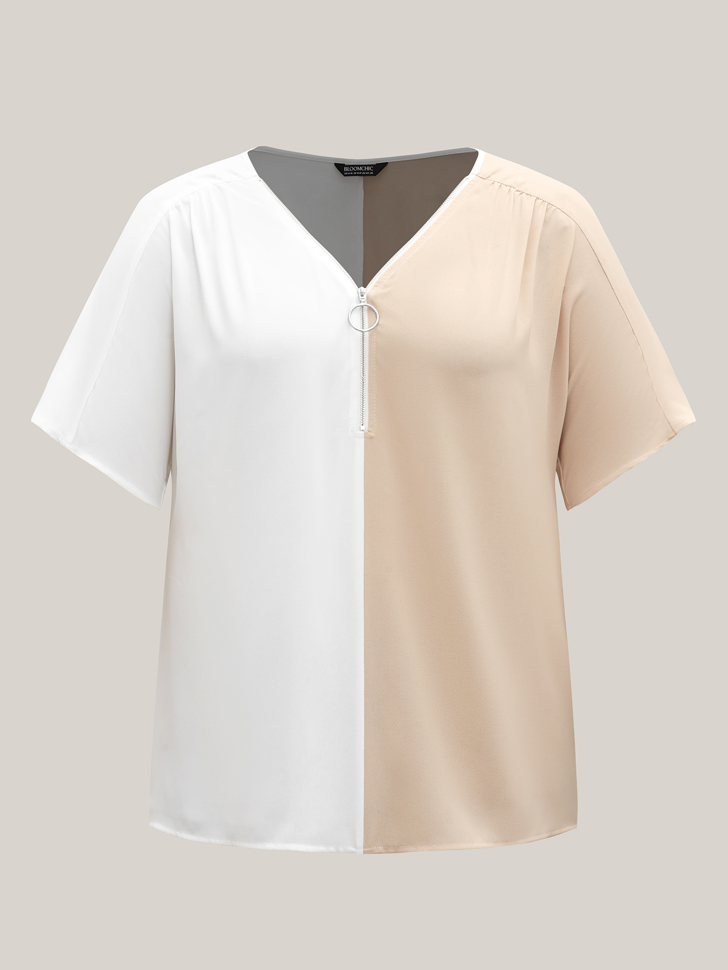Plus Size Multicolor Sheer Zipper-Front V-Neck Shirt Women At the Office Short sleeve V-neck Work Blouses BloomChic 28/5X 