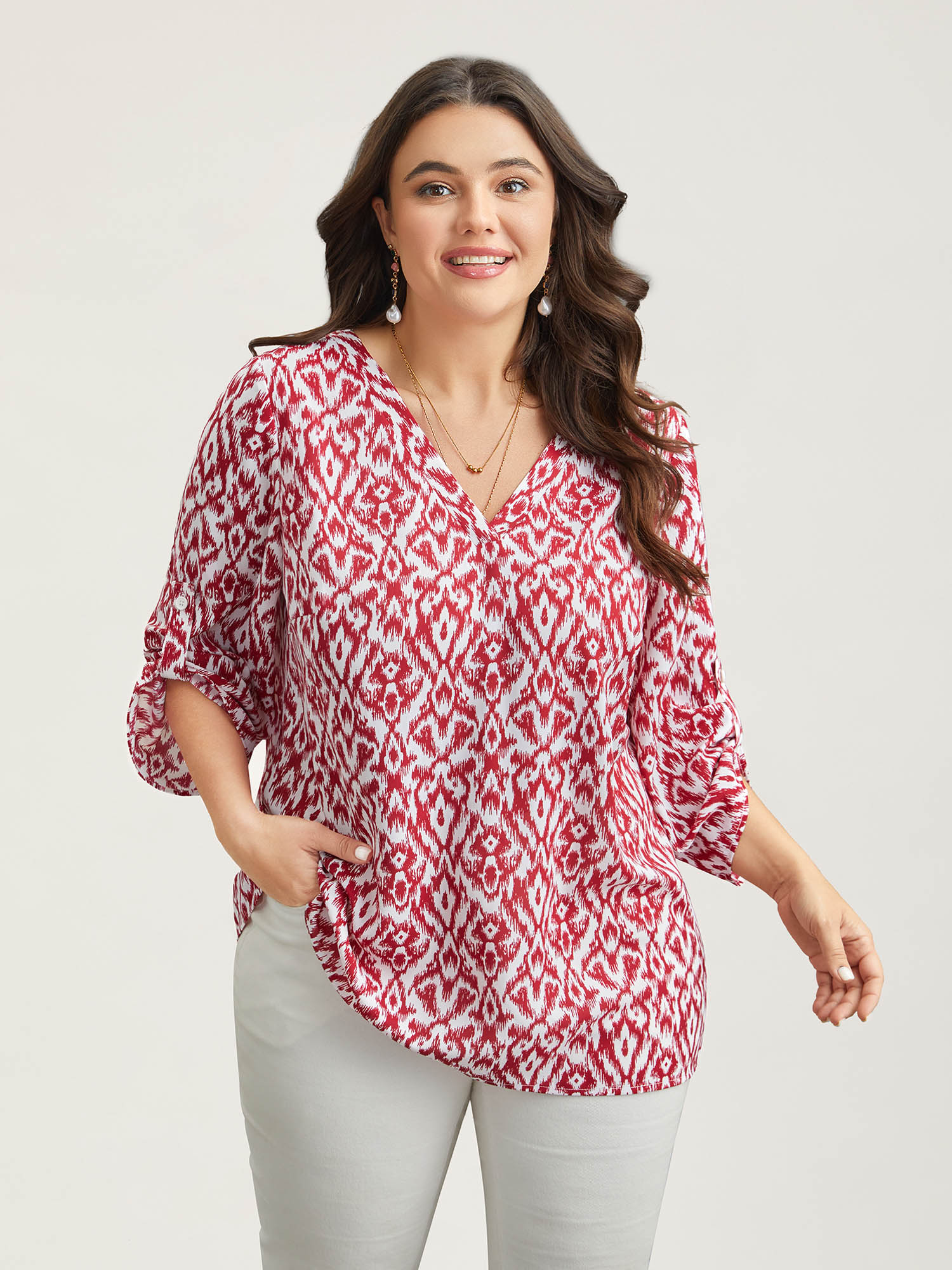 

Plus Size Burgundy Geometric Print Gathered Sleeve Shirt Women Resort Elbow-length sleeve Notched collar Vacation Blouses BloomChic