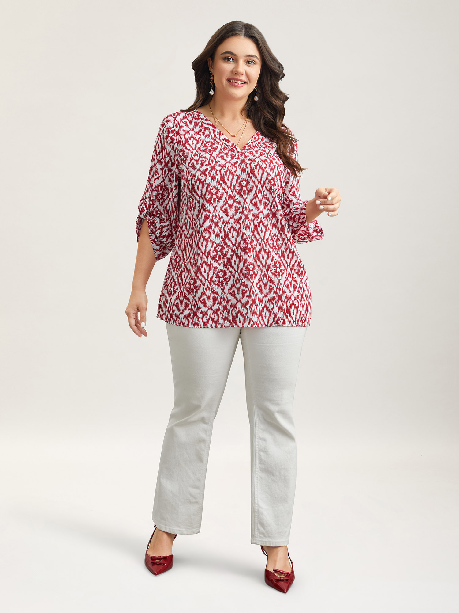 Plus Size Burgundy Geometric Print Gathered Sleeve Shirt Women Resort Elbow-length sleeve Notched collar Vacation Blouses BloomChic 18-20/2X 