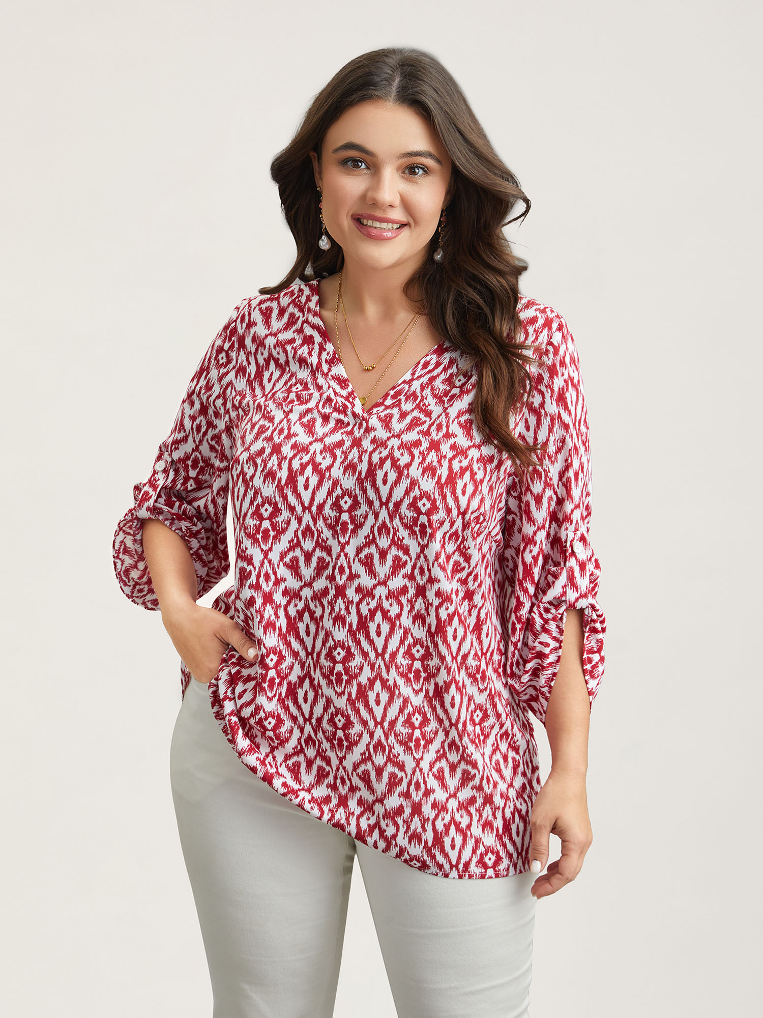 Plus Size Burgundy Geometric Print Gathered Sleeve Shirt Women Resort Elbow-length sleeve Notched collar Vacation Blouses BloomChic 18-20/2X 