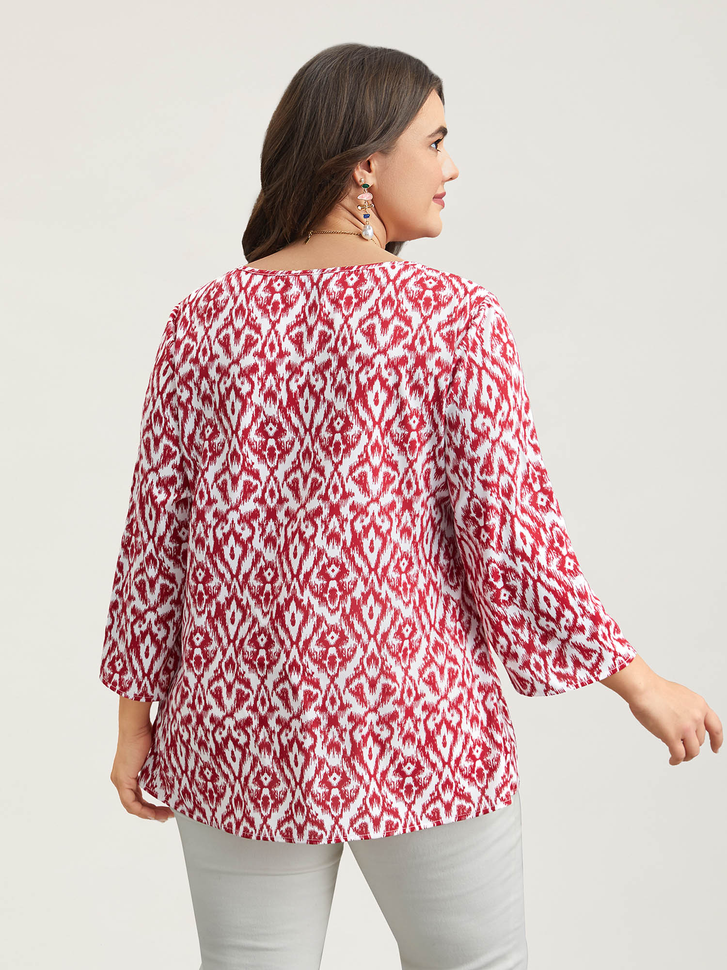 Plus Size Burgundy Geometric Print Gathered Sleeve Shirt Women Resort Elbow-length sleeve Notched collar Vacation Blouses BloomChic 18-20/2X 
