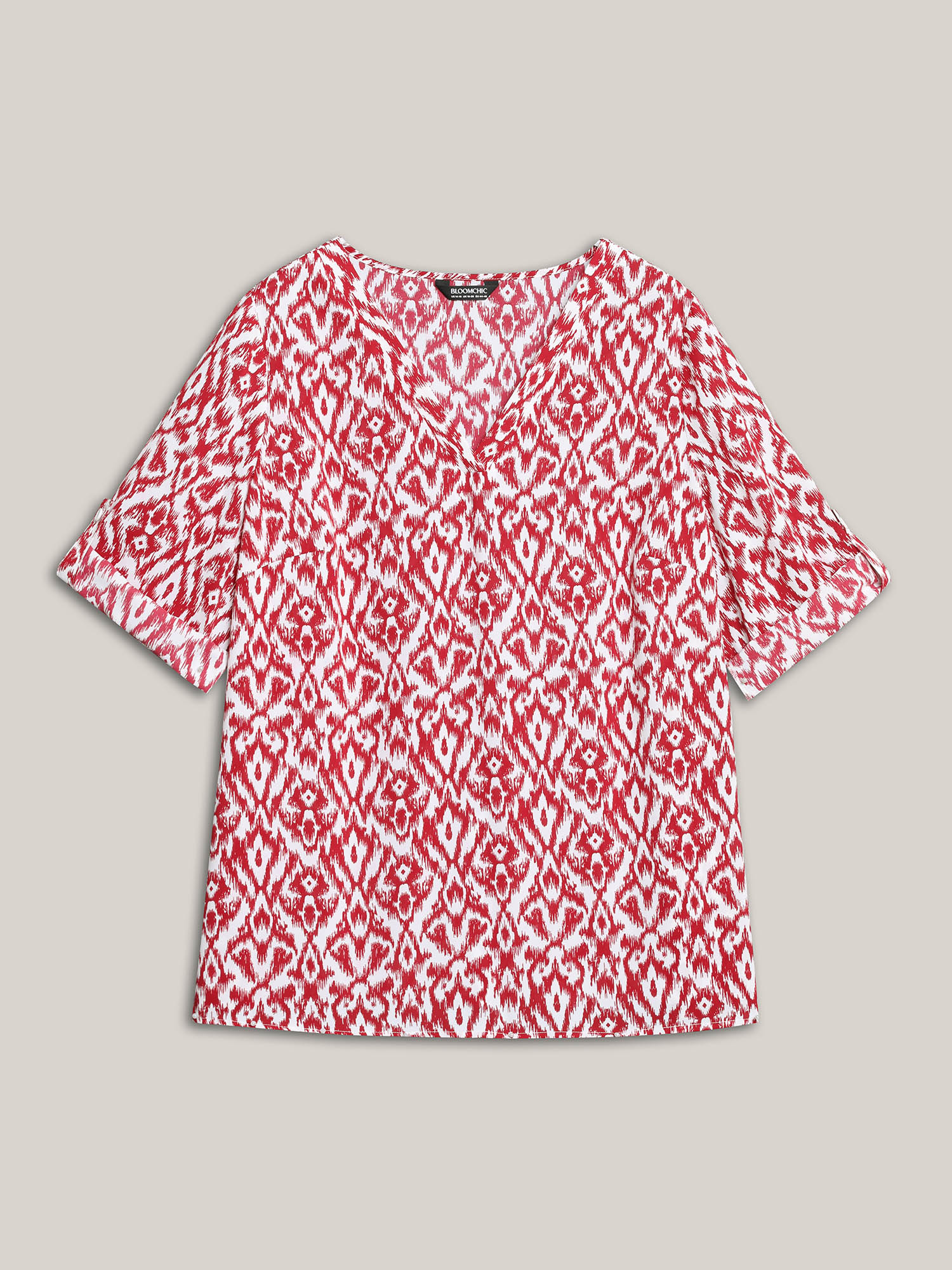 Plus Size Burgundy Geometric Print Gathered Sleeve Shirt Women Resort Elbow-length sleeve Notched collar Vacation Blouses BloomChic 18-20/2X 