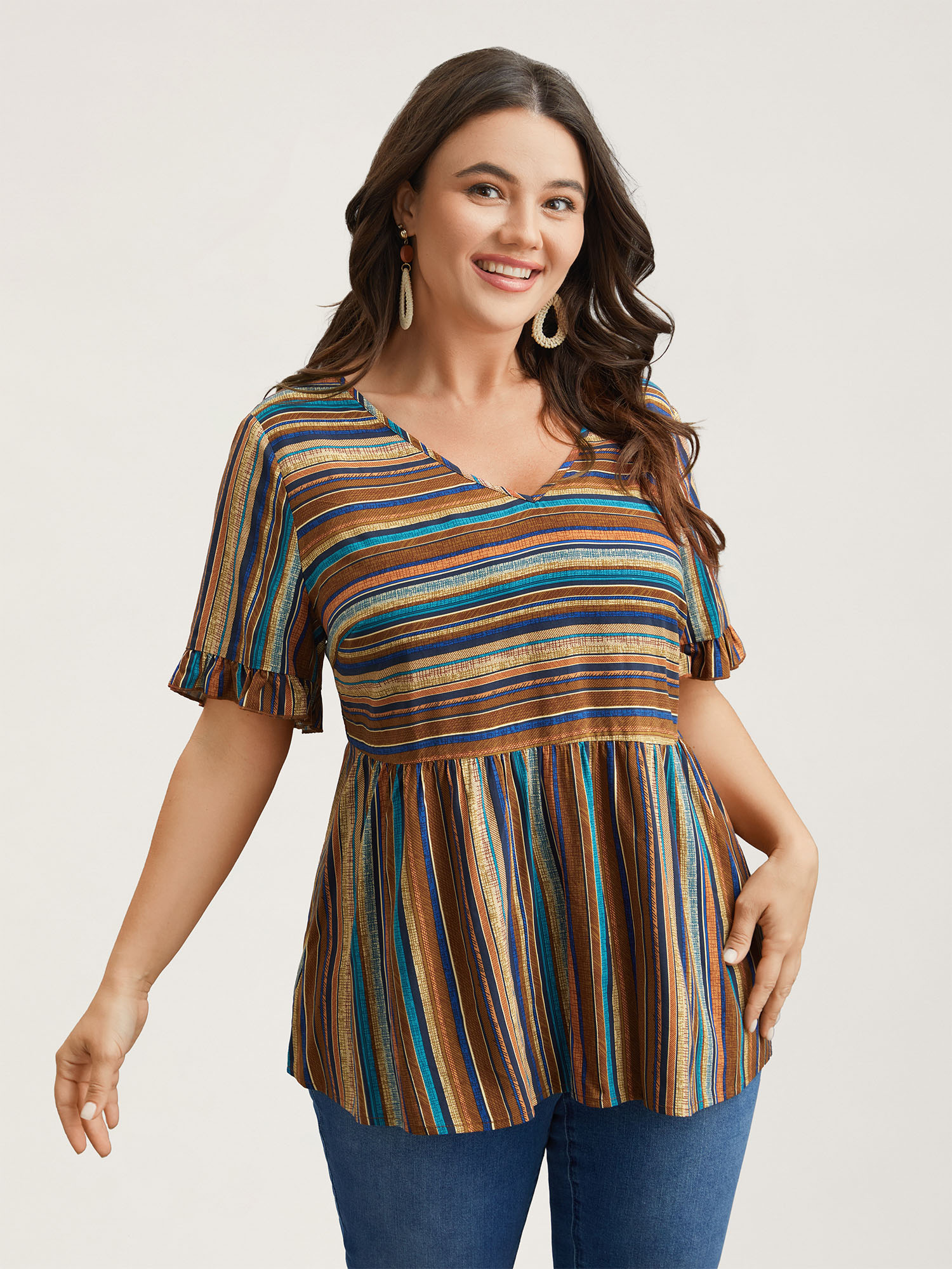 

Plus Size Multicolor Striped V-Neck Peplum Shirt Women Resort Short sleeve V-neck Vacation Blouses BloomChic