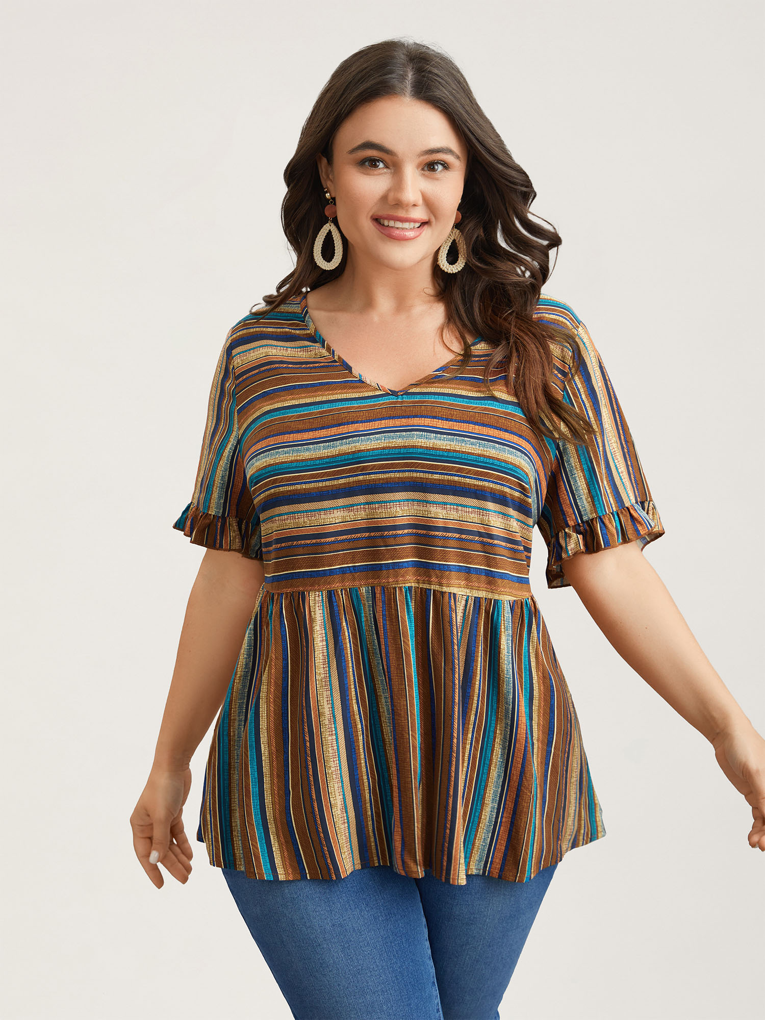 Plus Size Multicolor Striped V-Neck Peplum Shirt Women Resort Short sleeve V-neck Vacation Blouses BloomChic 10/M 