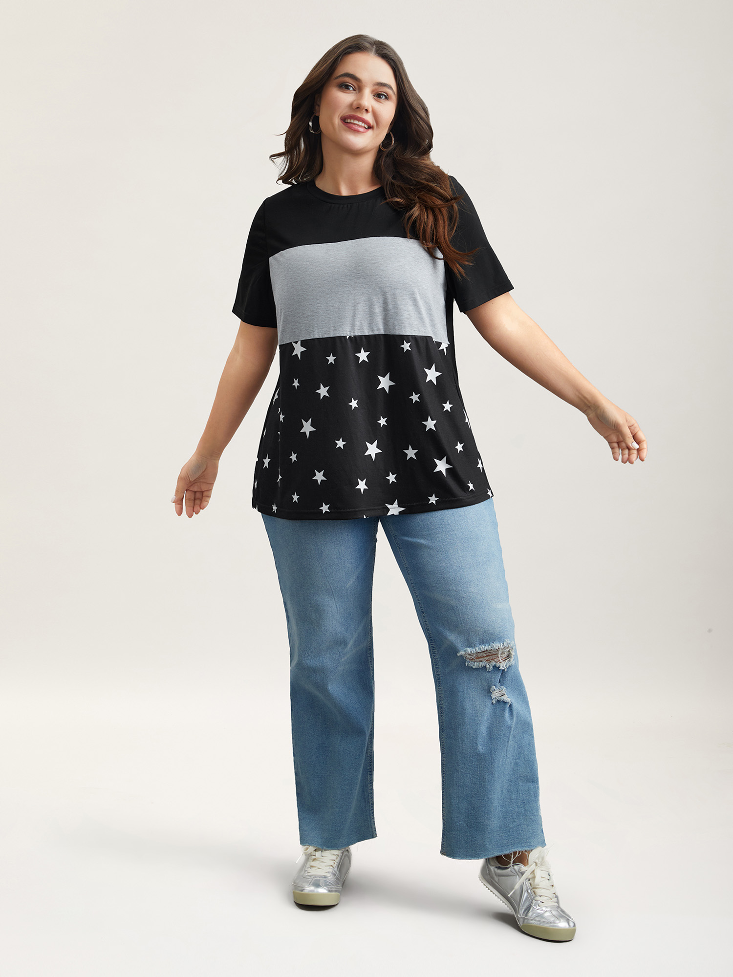 Plus Size Starry Color-Block Stretchy T-Shirt Black Women Casual Contrast Round Neck Everyday T-shirts BloomChic 12/L 