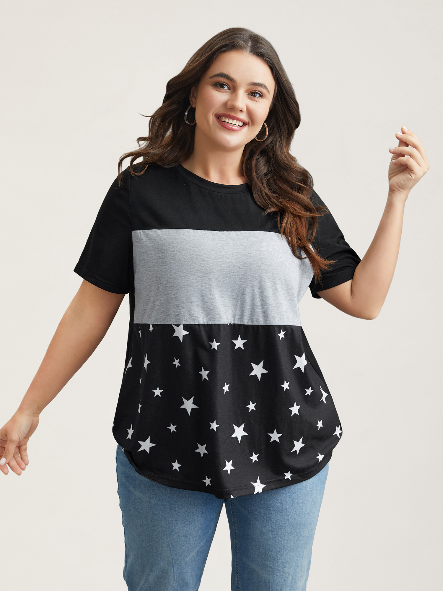 Plus Size Starry Color-Block Stretchy T-Shirt Black Women Casual Contrast Round Neck Everyday T-shirts BloomChic 12/L 