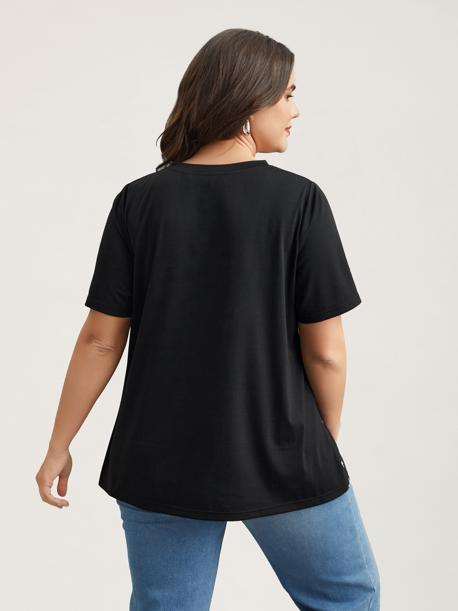 Plus Size Starry Color-Block Stretchy T-Shirt Black Women Casual Contrast Round Neck Everyday T-shirts BloomChic 12/L 