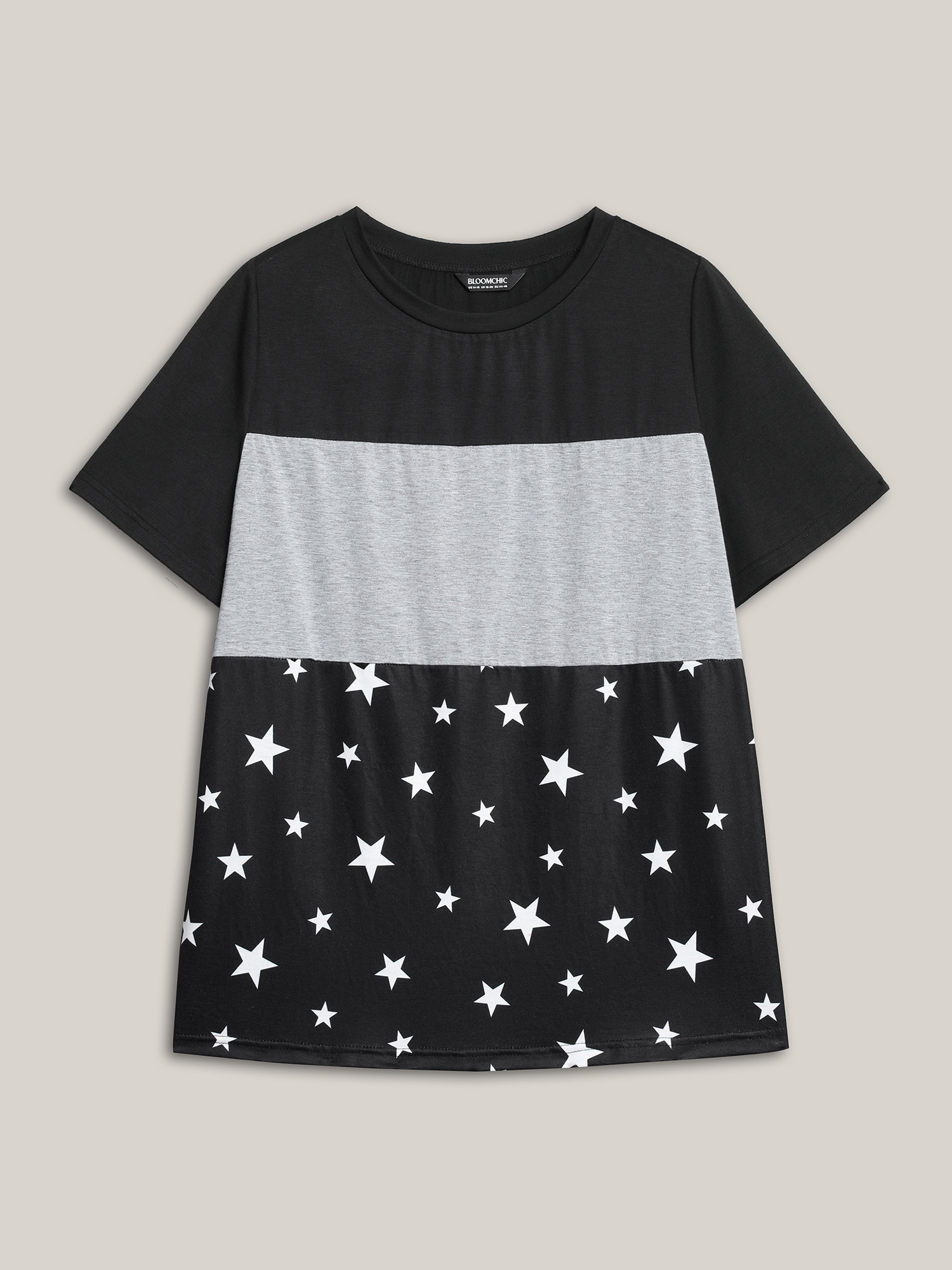 Plus Size Starry Color-Block Stretchy T-Shirt Black Women Casual Contrast Round Neck Everyday T-shirts BloomChic 12/L 