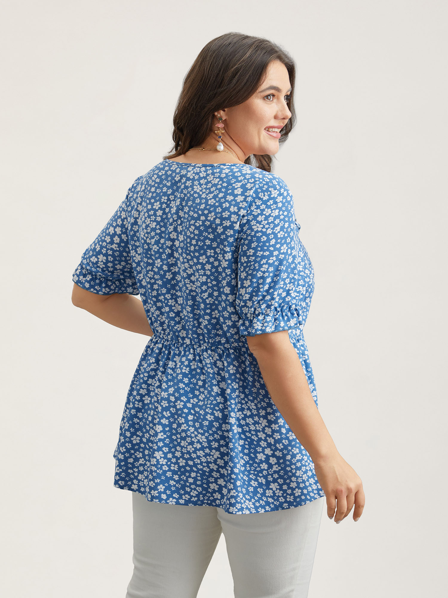 

Plus Size LightBlue Floral Stretchy-Waist Ties Peplum Shirt Women Elegant Short sleeve Asymmetrical Neck Everyday Blouses BloomChic