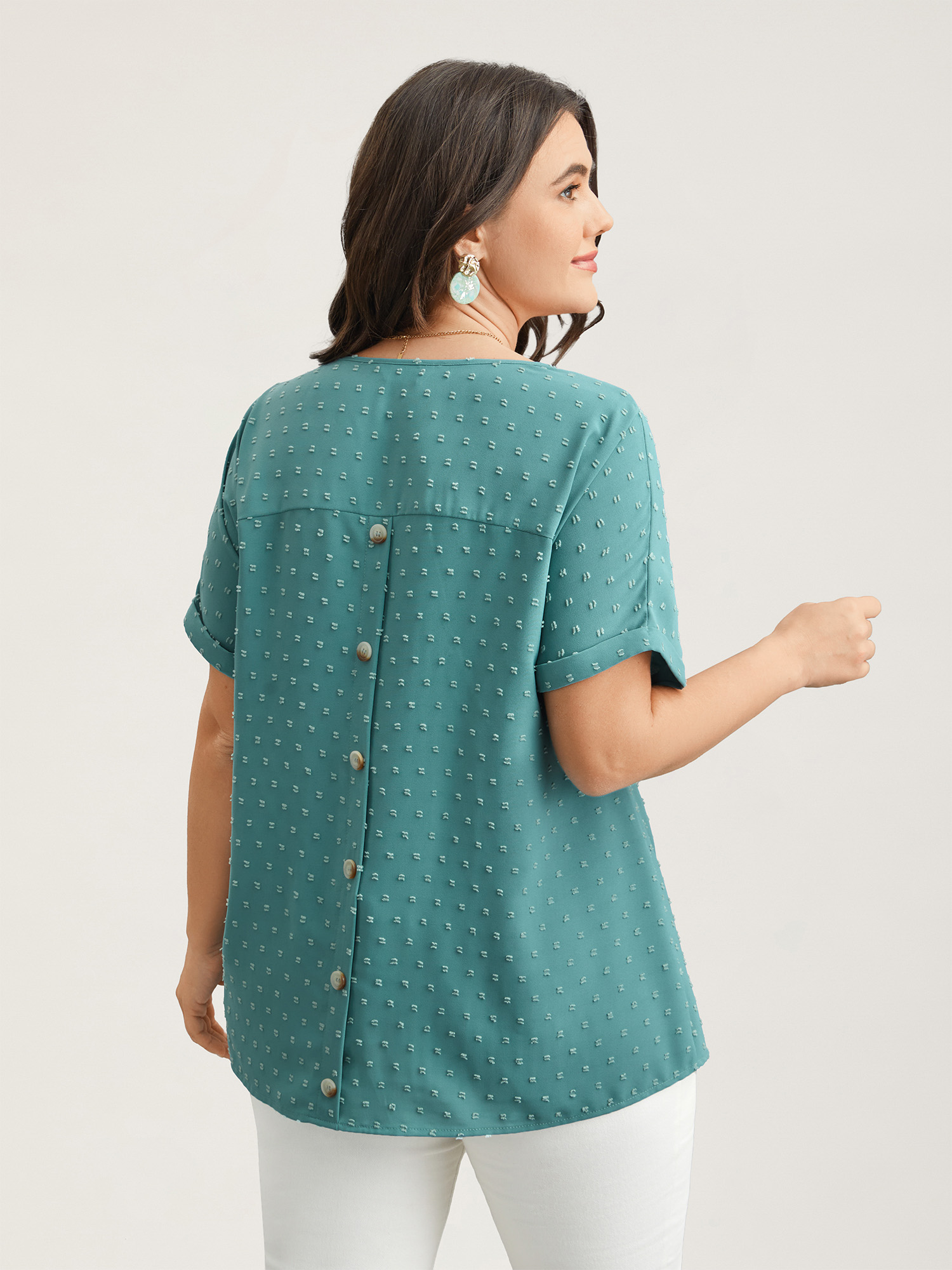 

Plus Size Teal Back-Button Textured V-Neck Shirt Women Elegant Short sleeve V-neck Everyday Blouses BloomChic