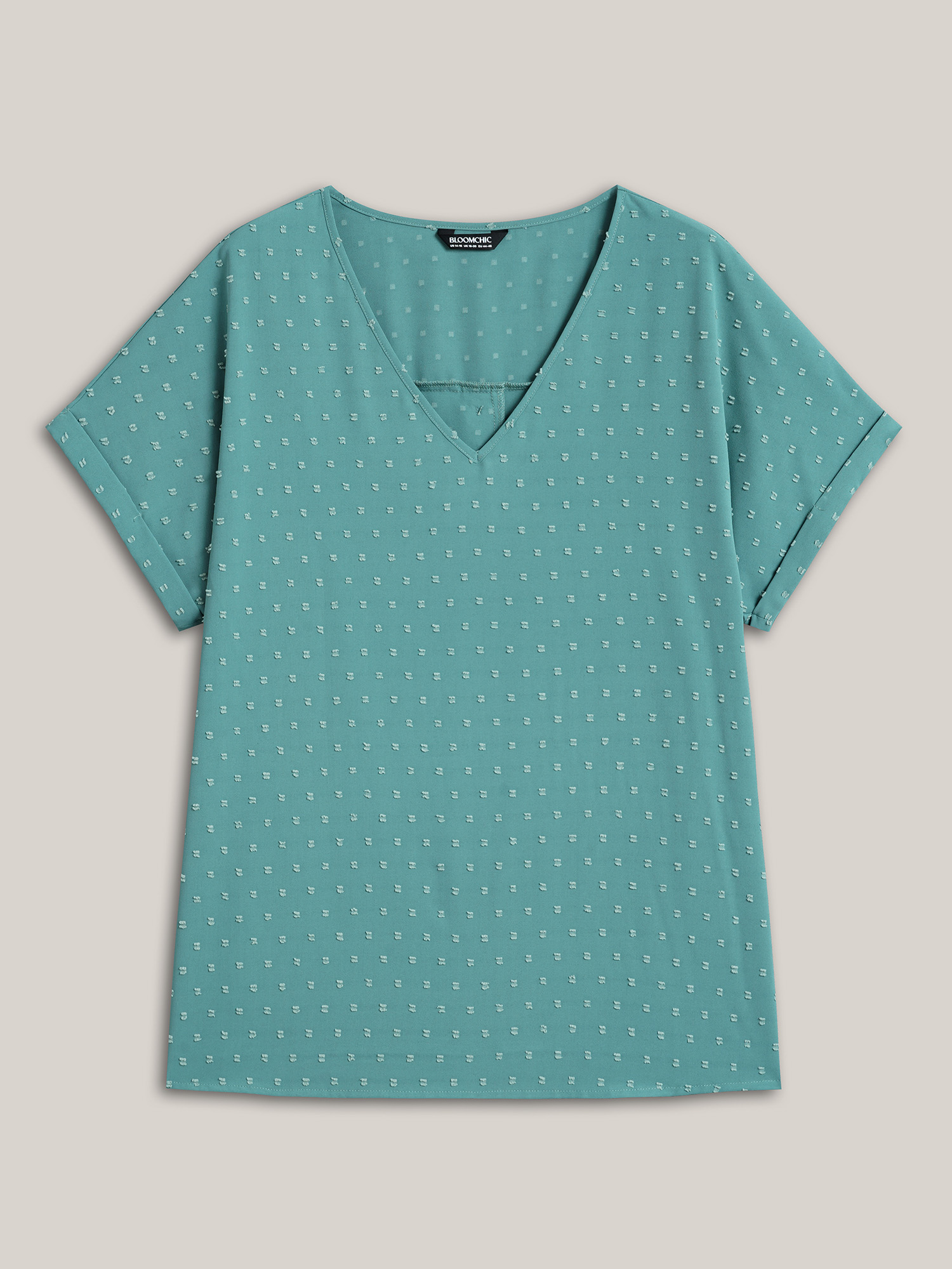 

Plus Size Teal Back-Button Textured V-Neck Shirt Women Elegant Short sleeve V-neck Everyday Blouses BloomChic