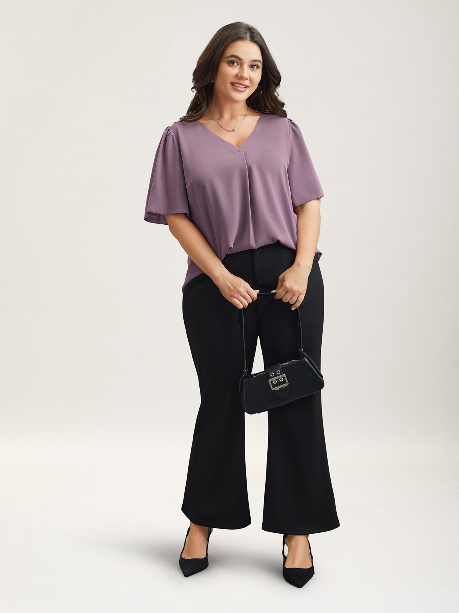 

Plus Size Mauve Pleated-Front Flutter Sleeve Shirt Women At the Office Short sleeve V-neck Work Blouses BloomChic