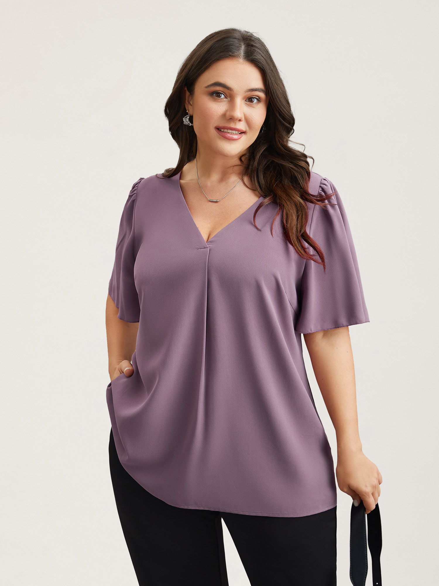 Plus Size Mauve Pleated-Front Flutter Sleeve Shirt Women At the Office Short sleeve V-neck Work Blouses BloomChic 14-16/1X 