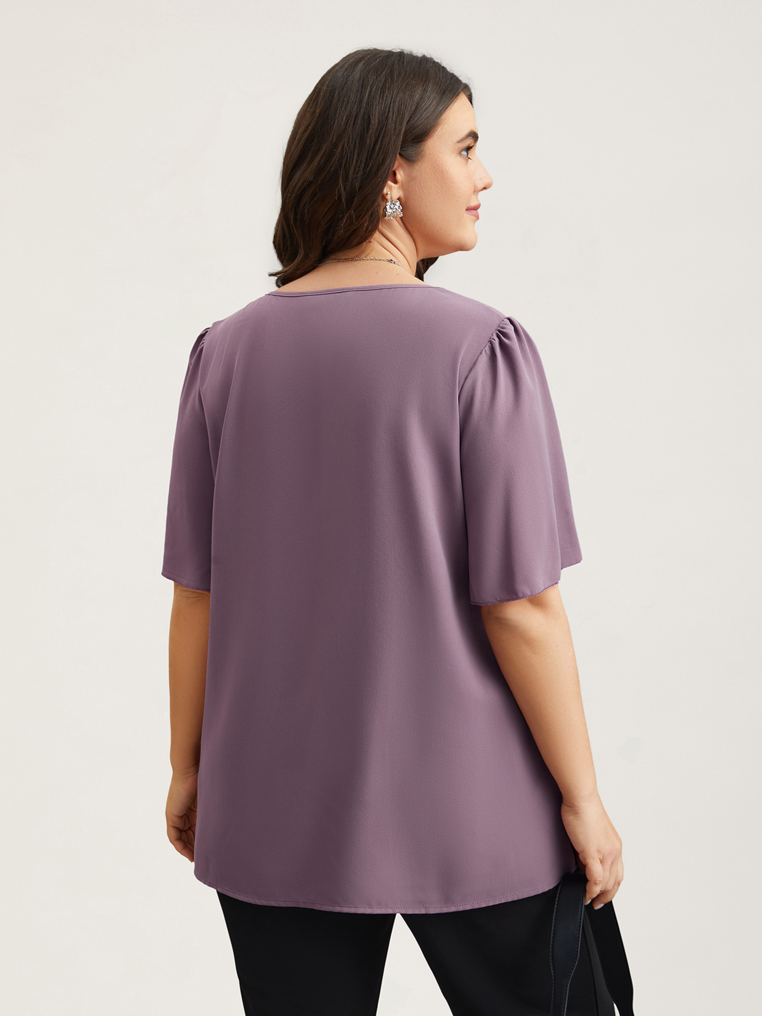 Plus Size Mauve Pleated-Front Flutter Sleeve Shirt Women At the Office Short sleeve V-neck Work Blouses BloomChic 14-16/1X 